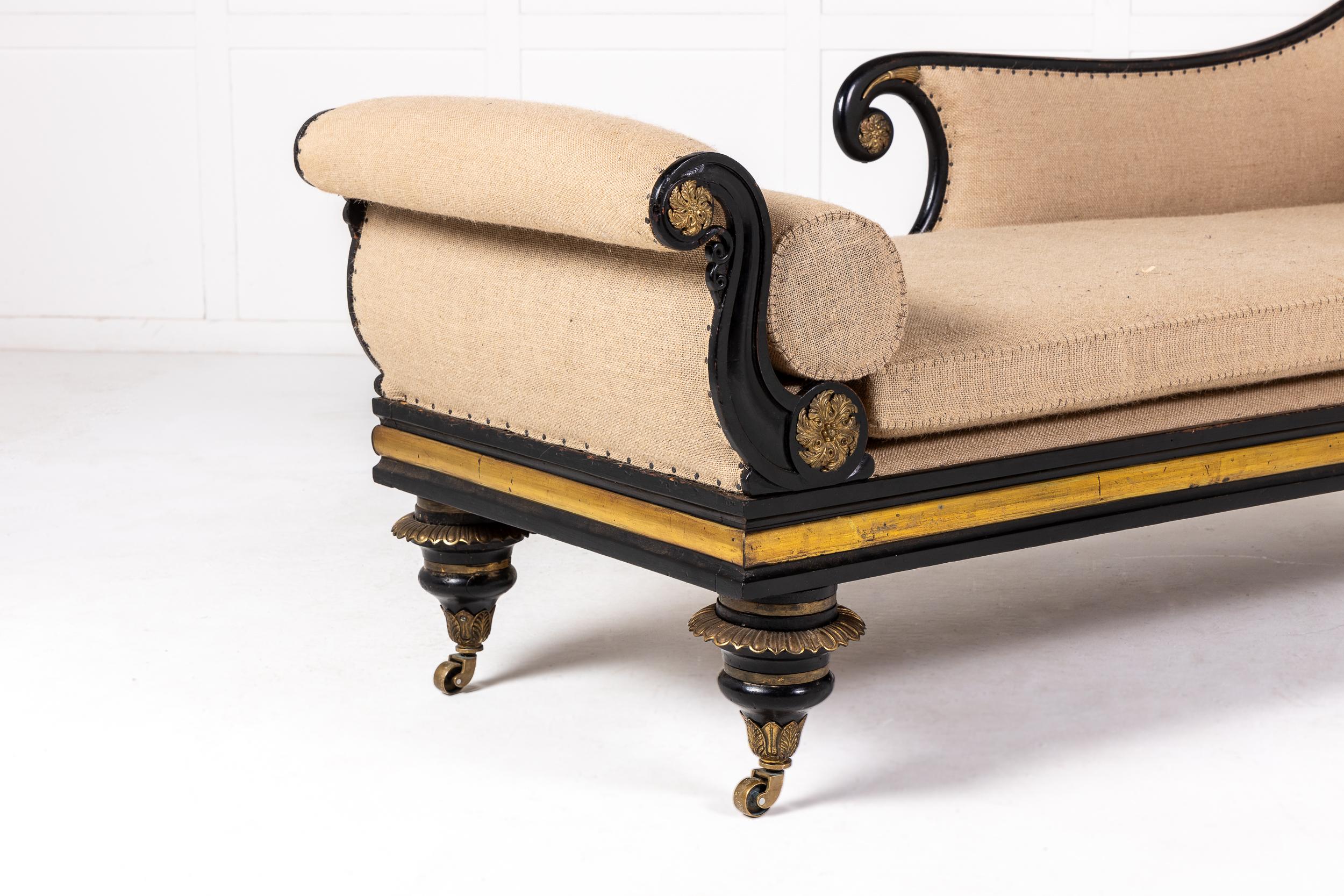 Brass 19th Century Regency Ebonised Chaise Longue For Sale