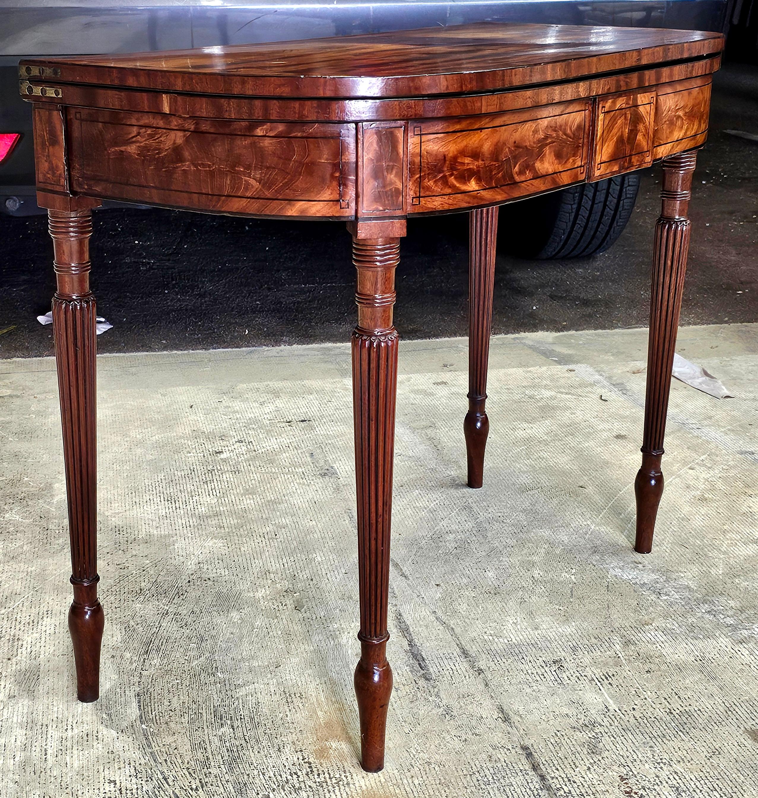 Empire 19th Century Regency Ebony Inlaid Cross-Banded Crotch Mahogany Fold Top Table For Sale
