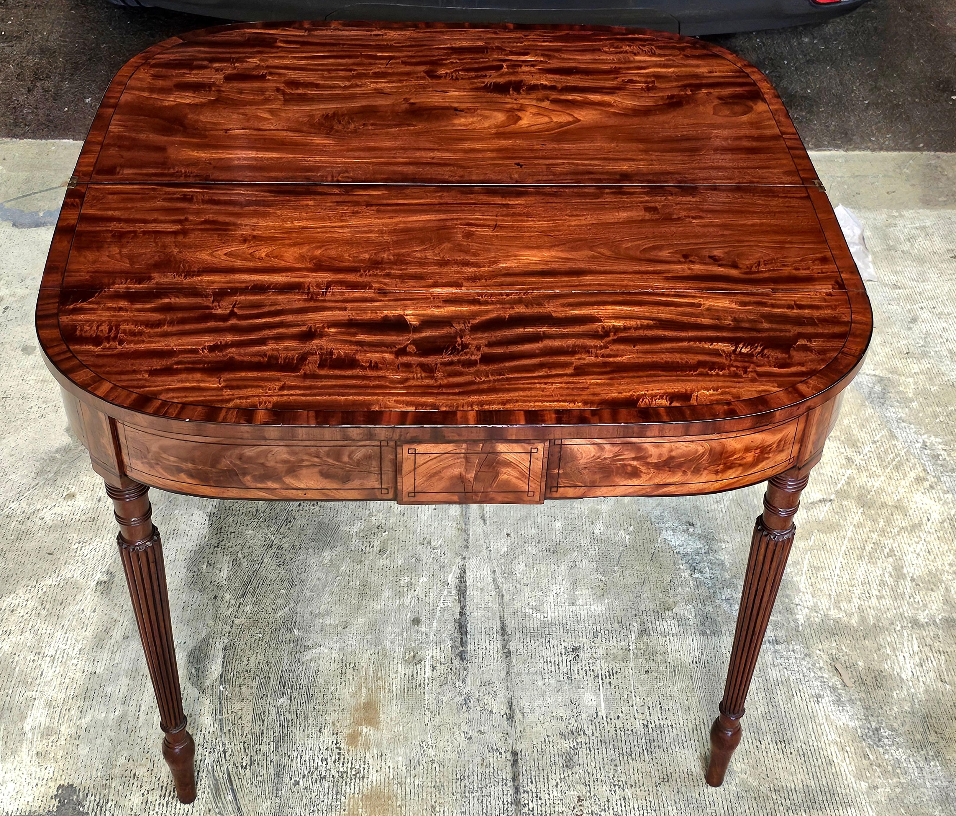 Other 19th Century Regency Ebony Inlaid Cross-Banded Crotch Mahogany Fold Top Table For Sale