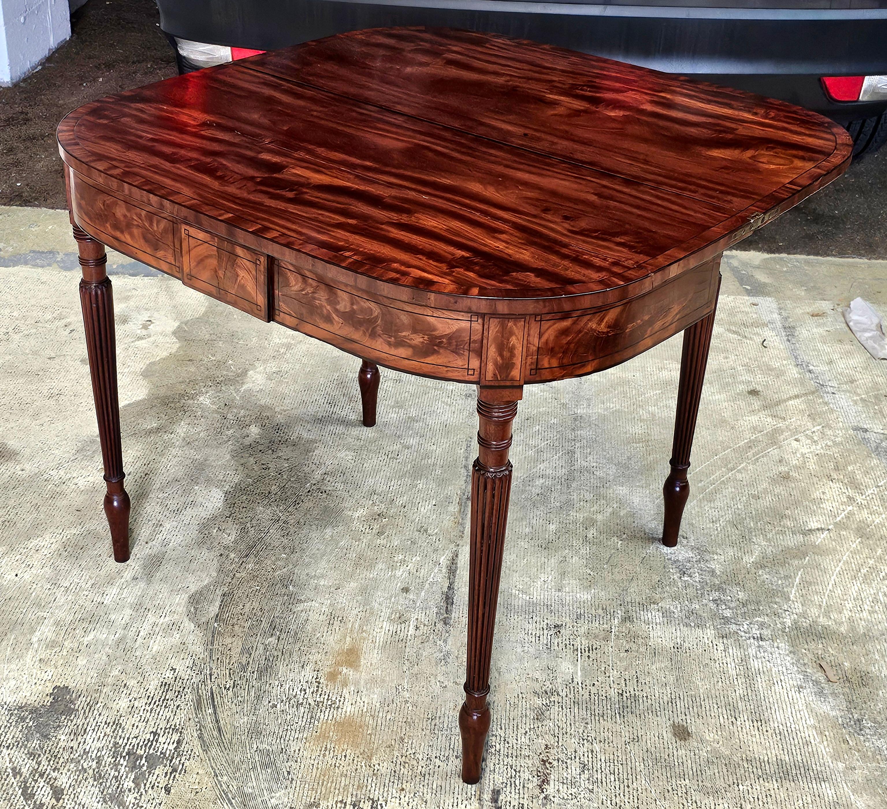 19th Century Regency Ebony Inlaid Cross-Banded Crotch Mahogany Fold Top Table For Sale 1