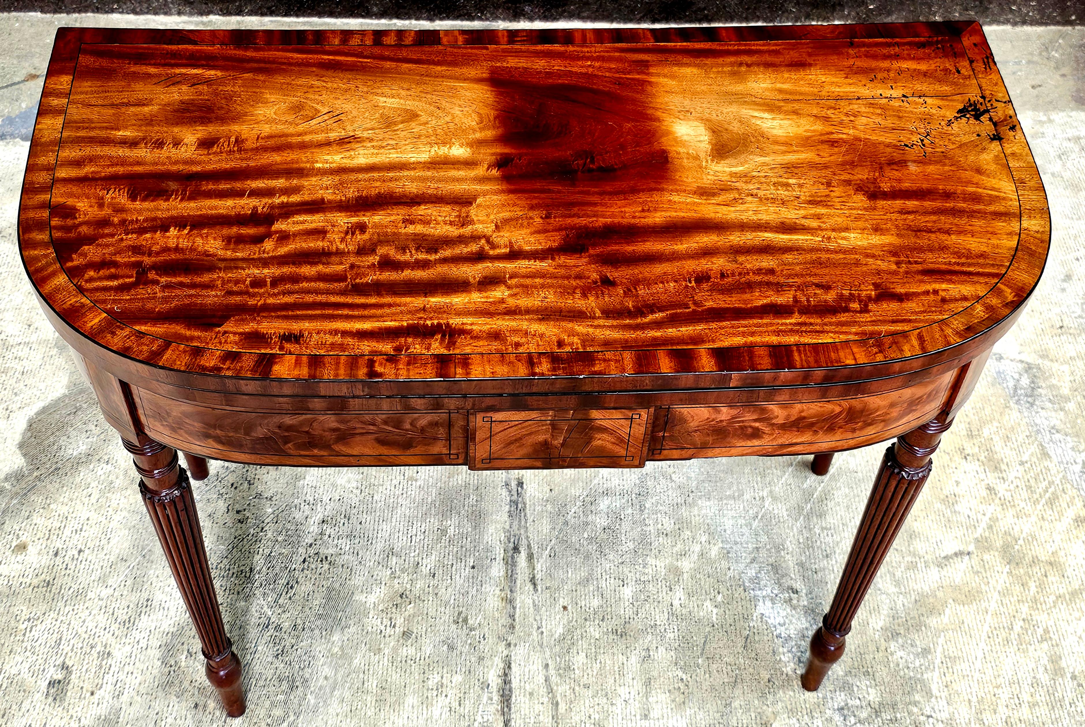 19th Century Regency Ebony Inlaid Cross-Banded Crotch Mahogany Fold Top Table For Sale 2