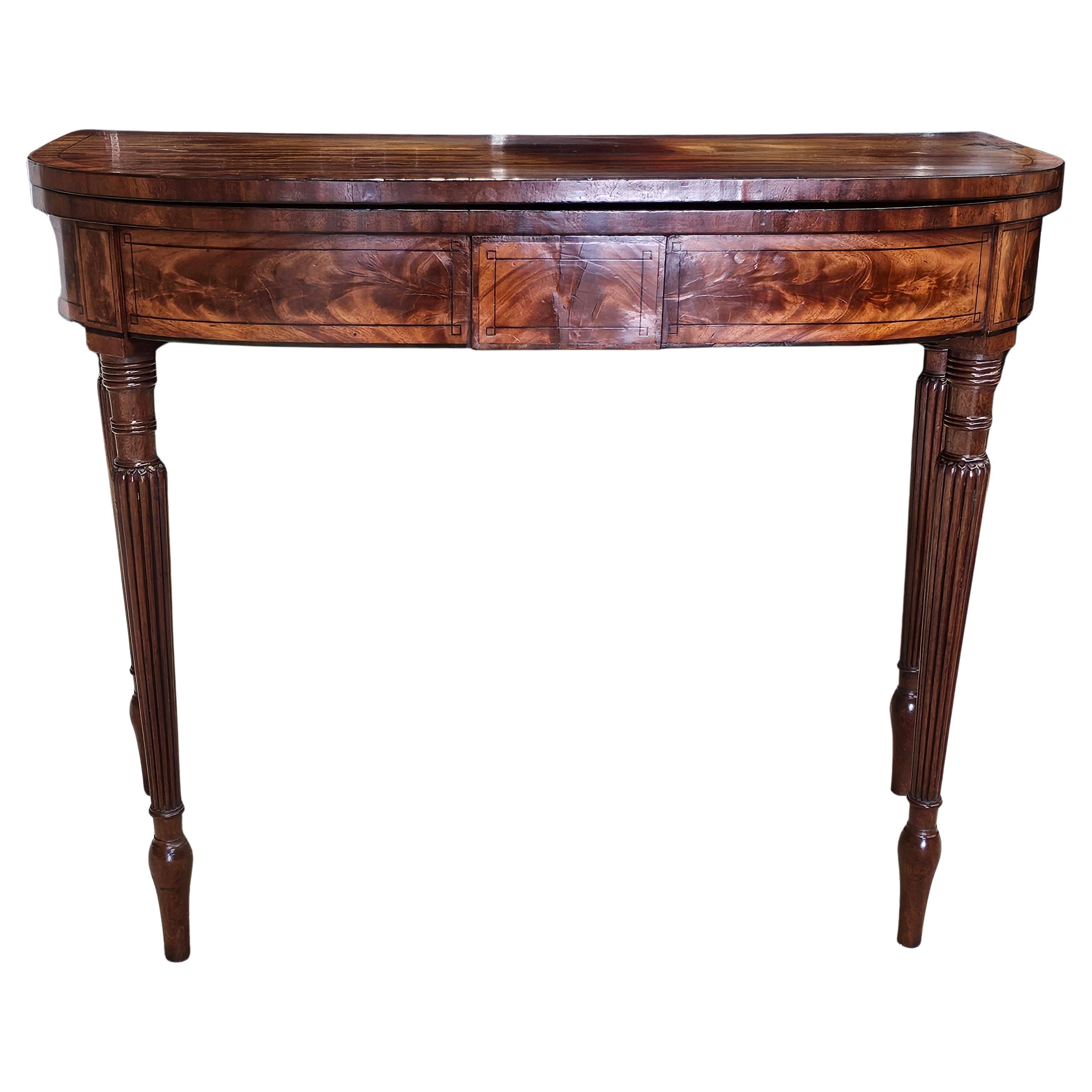 19th Century Regency Ebony Inlaid Cross-Banded Crotch Mahogany Fold Top Table For Sale