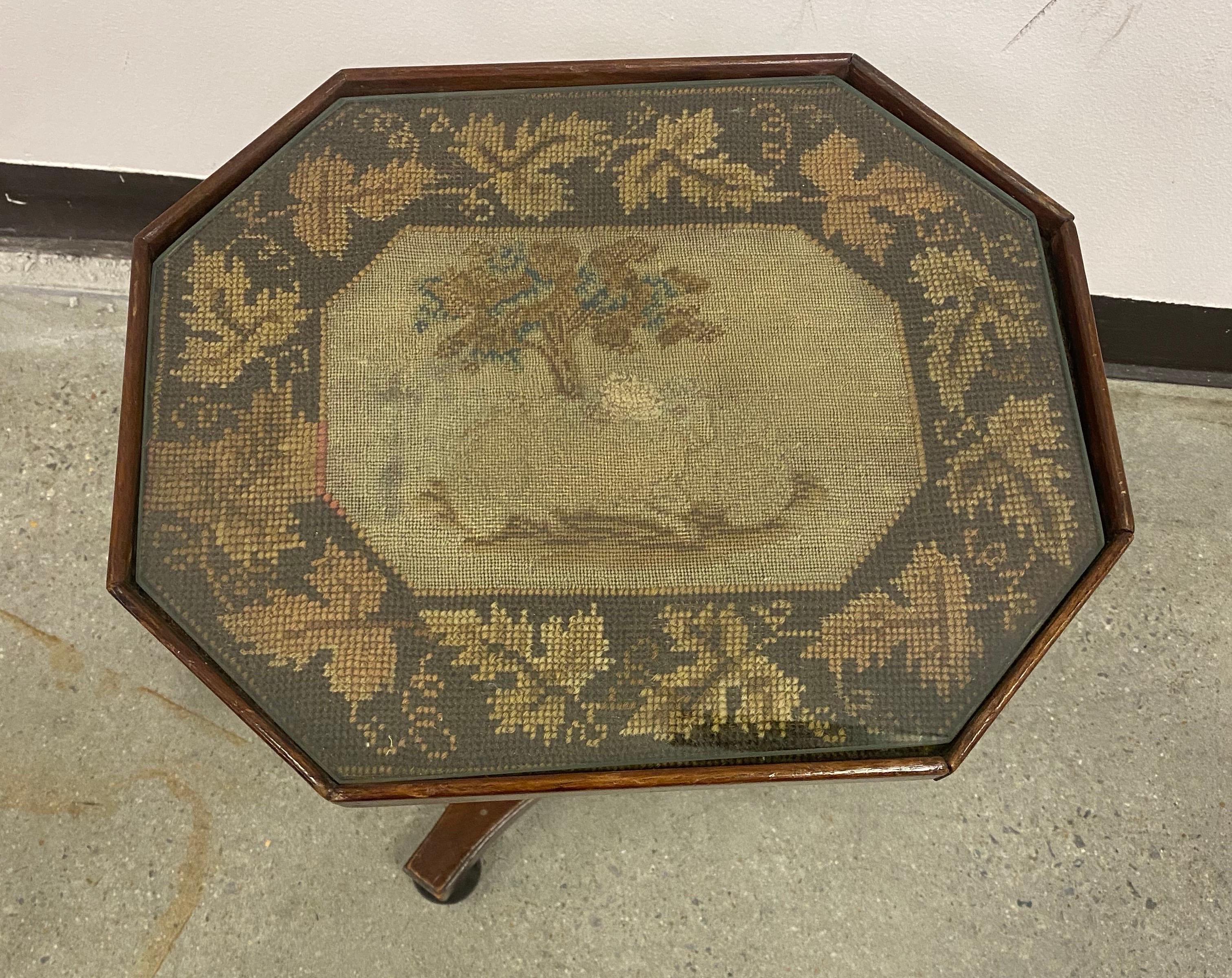 English 19th Century Regency Embroidered Top Mahogany Side Table