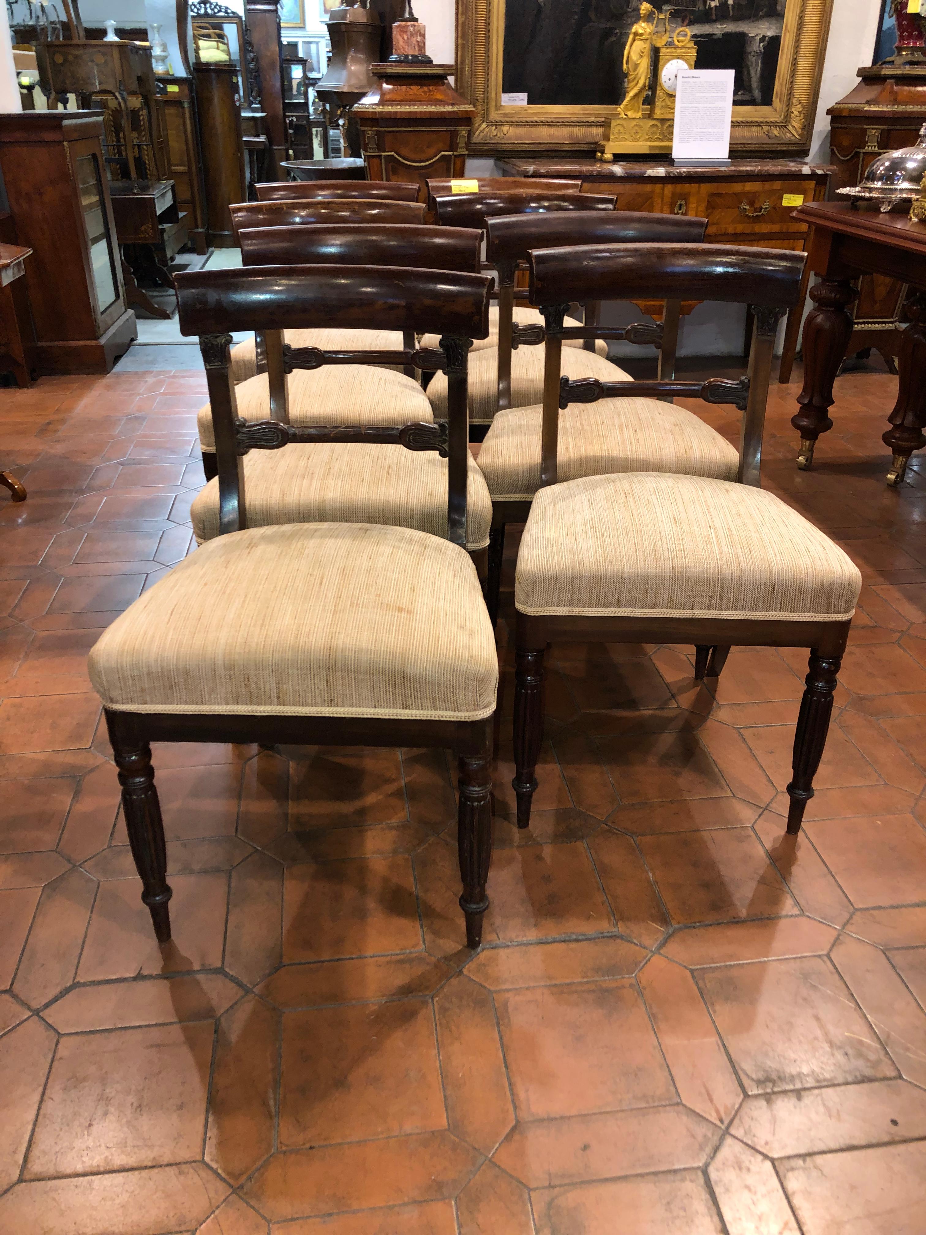 Set of eight chairs in mahogany, Ireland, Regency period.