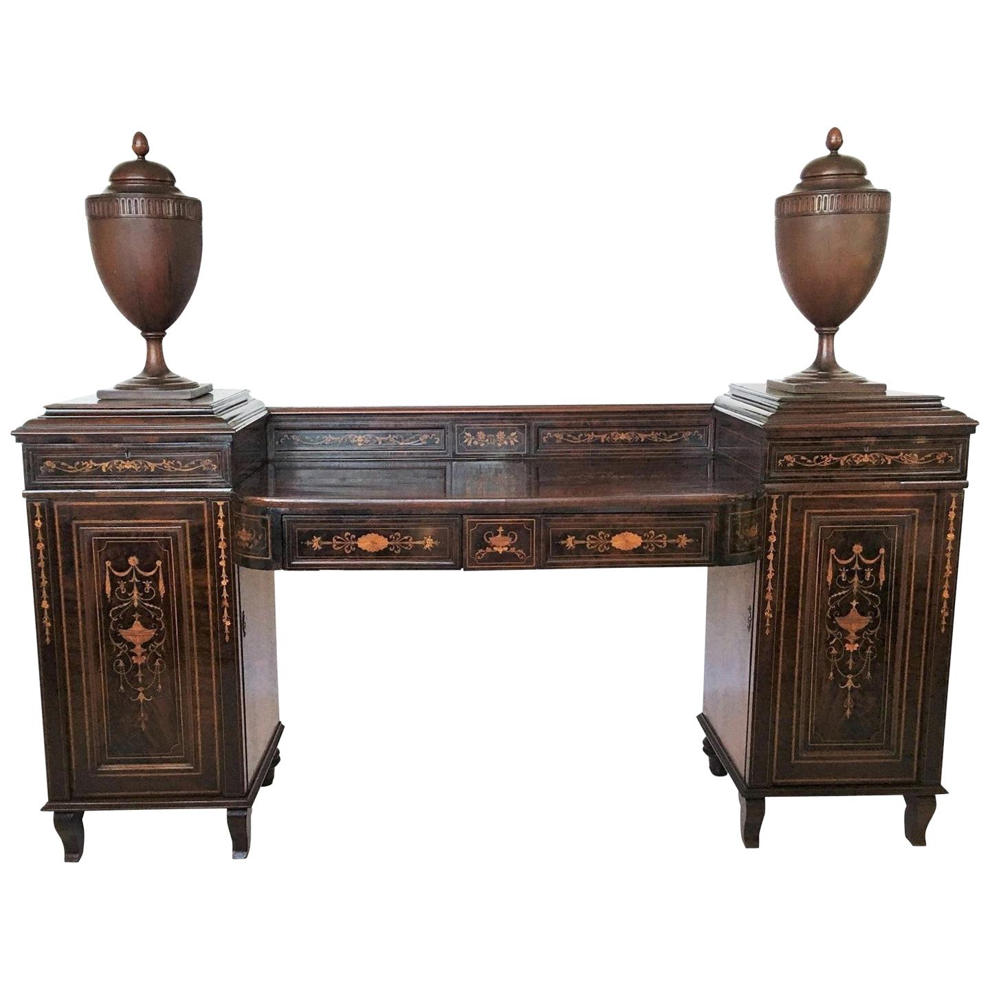 19th Century Regency Marquetry Inlaid Rosewood Sideboard with Cutlery Urns For Sale