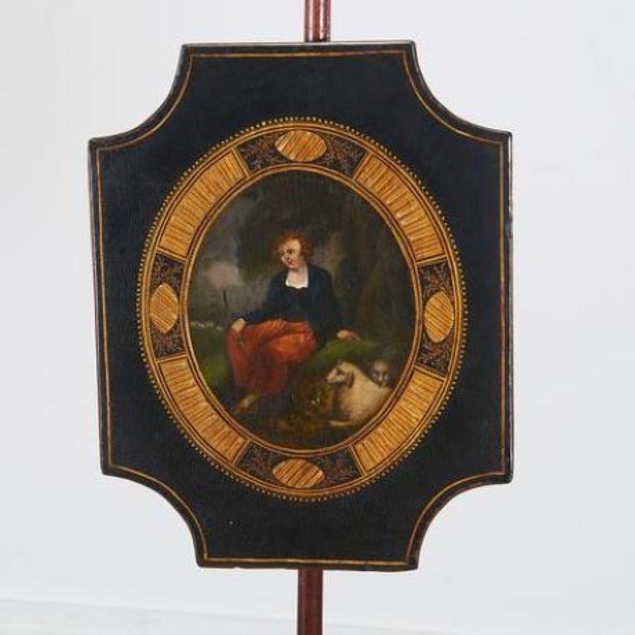 A pair of fine English Regency painted pole screens from The Elizabeth Seeler Collection. 19th c., one depicting a young man, the other a young woman, both on mahogany stands, each: 58
