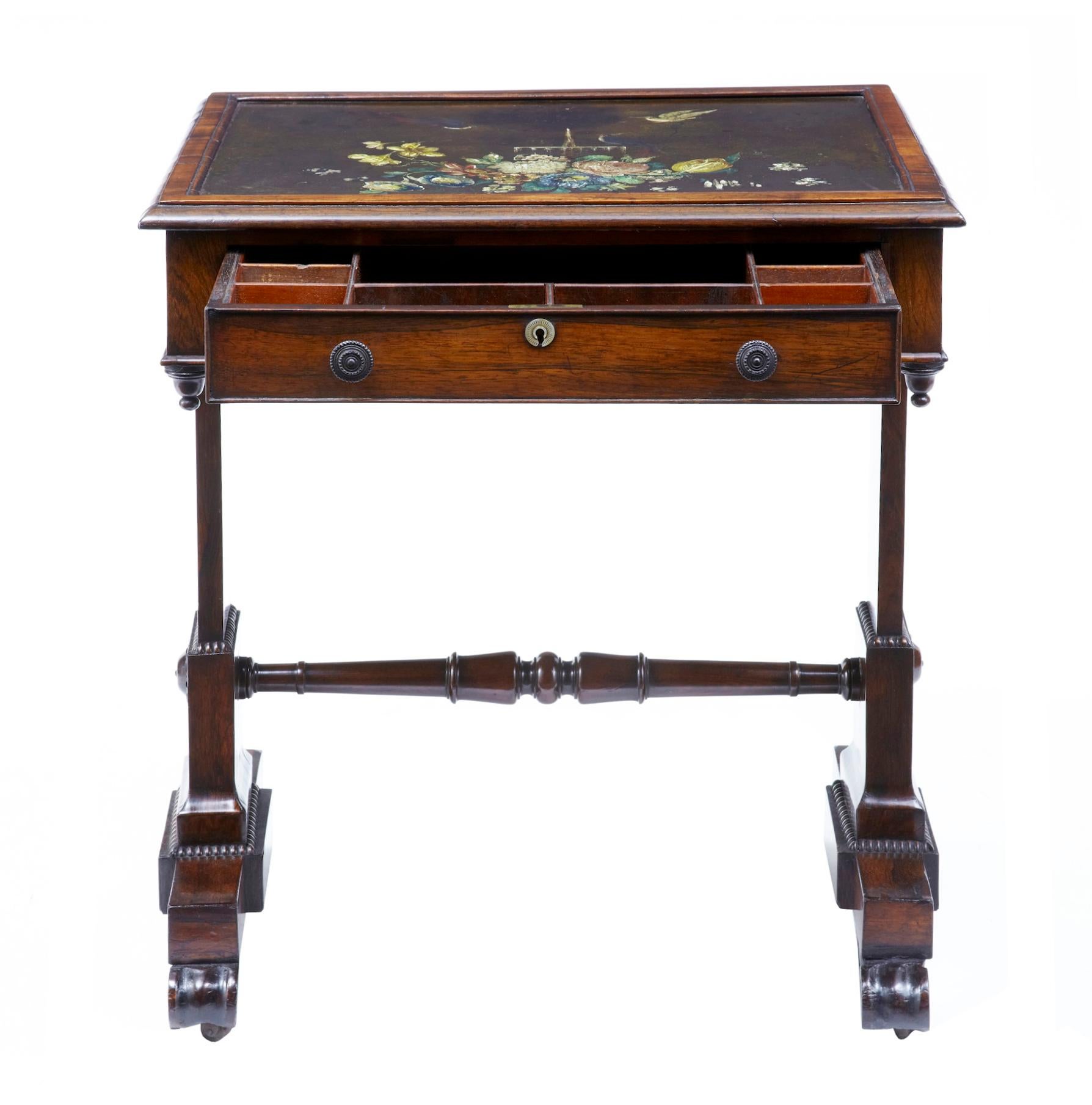 19th century Regency palisander painted slate top table circa 1820.

Unusual side table fitted with a hand painted slate top. Hand painted floral arrangement with exotic birds. Underneath the top a single drawer fitted with