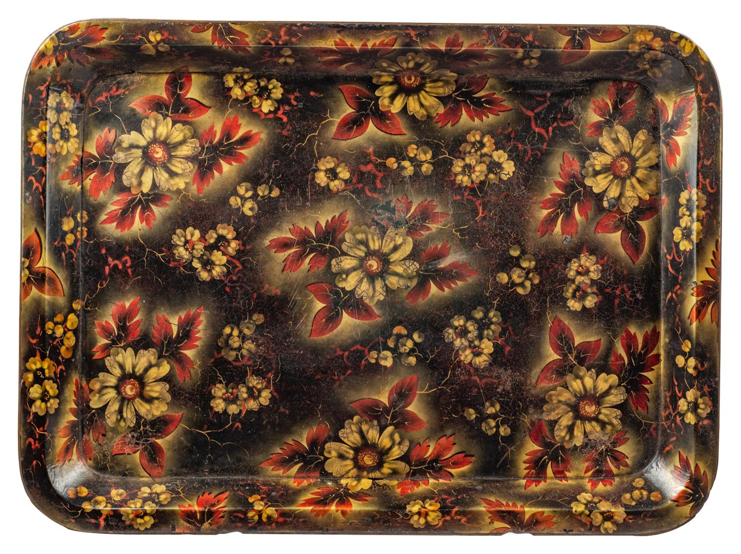 A very good quality 19th century English Regency period paper-macha tray on stand. Having wonderful red and gilded floral decoration, mounted on a later faux bamboo stand.