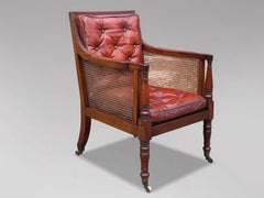 19th Century Regency Period Mahogany Cane Leather Library Armchair