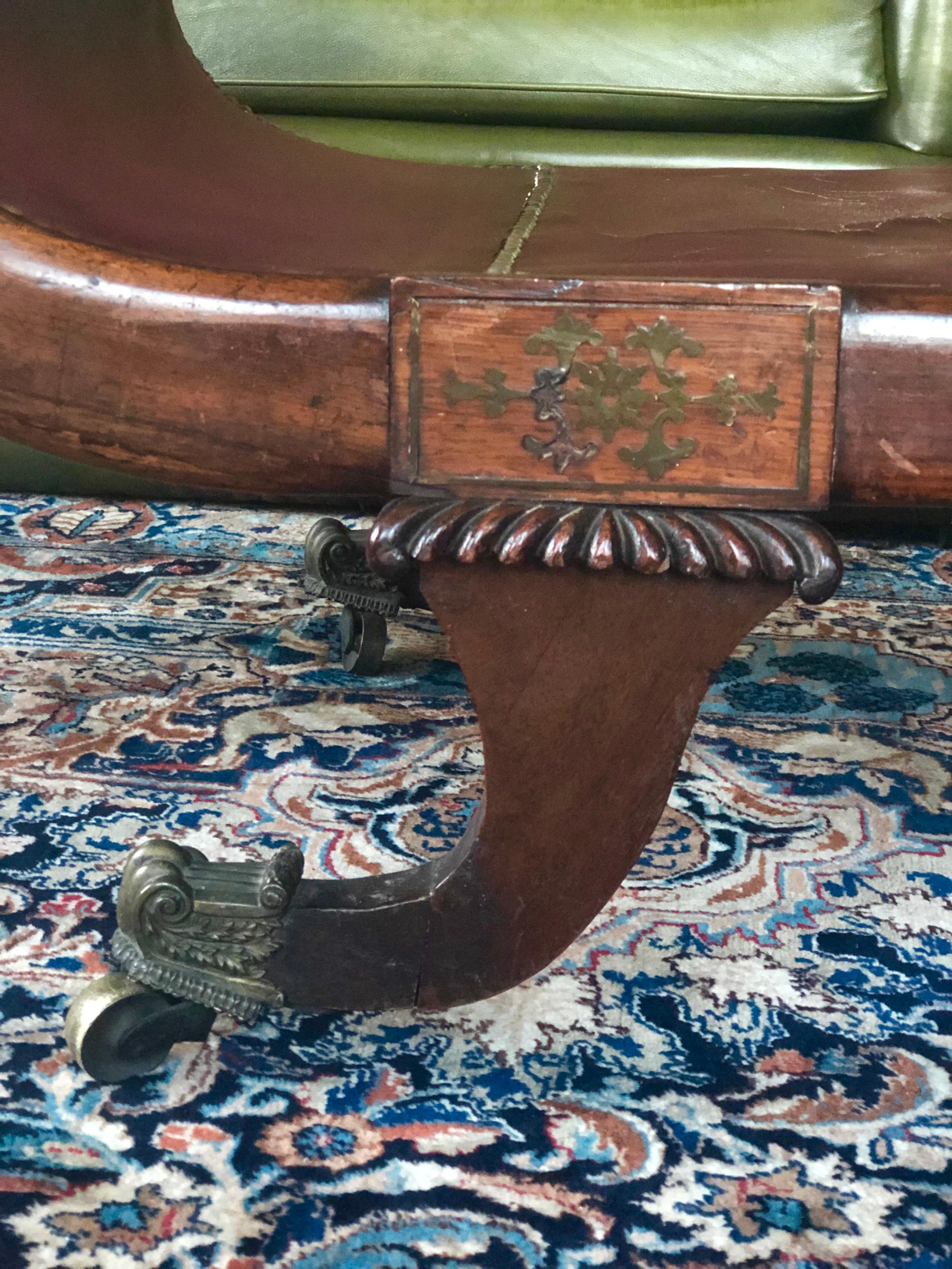 19th Century Regency Rosewood and Brass Marquetry Inlaid Scroll End Day Bed For Sale 6