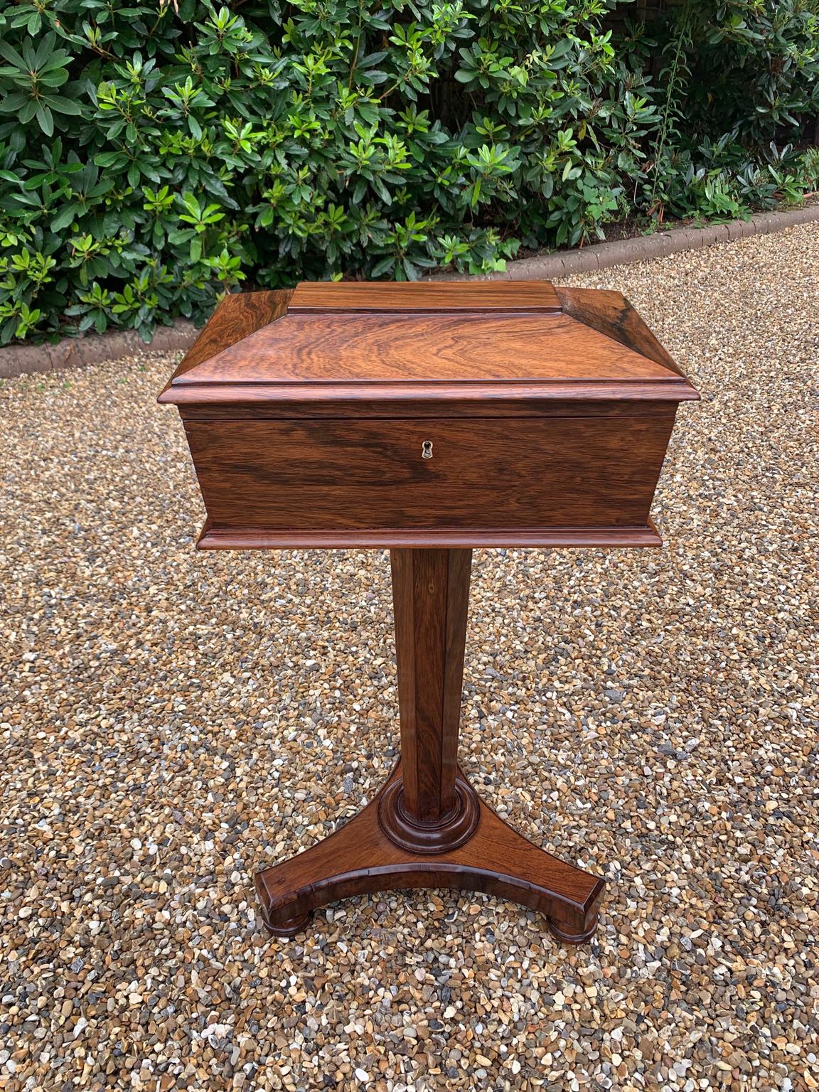 19th Century Regency rosewood teapoy on stand, with a rosewood column and shaped base on turned rosewood feet.
Converted to be used as a Jewellery Box or Sewing Box. (inside has been refurbished).