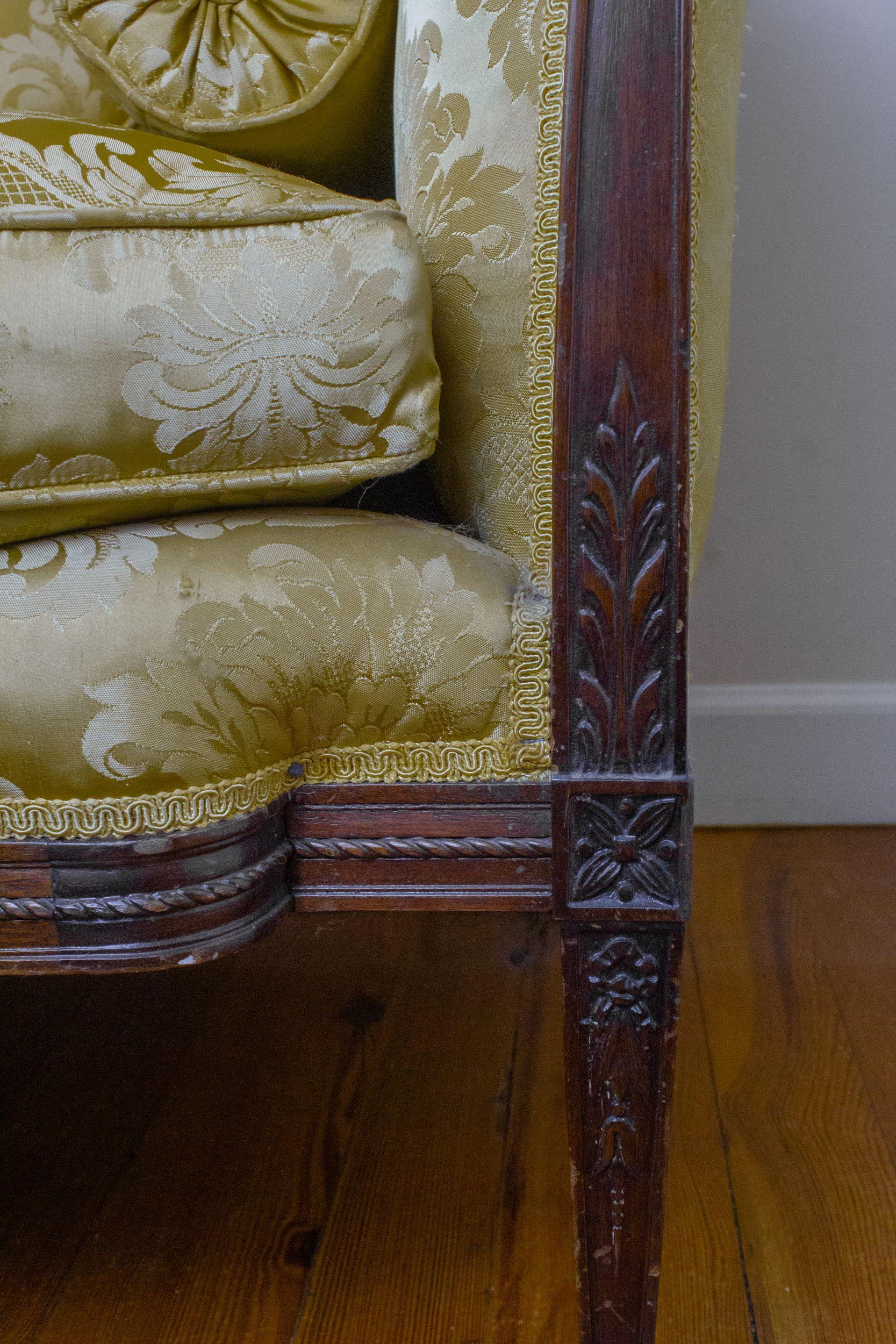 American 19th Century Regency Sofa with Gold Damask Upholstery and Carved Mahogany