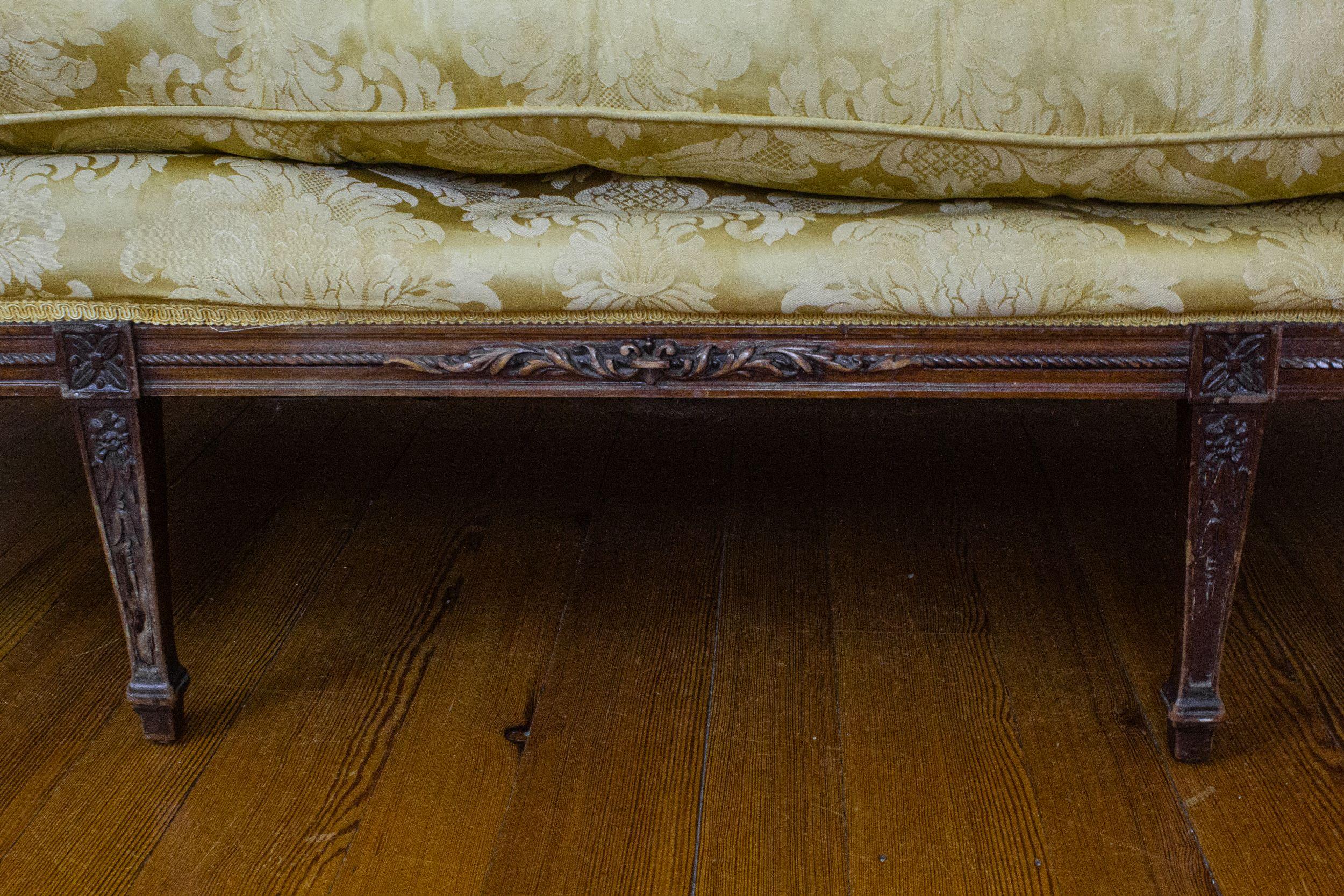 Satin 19th Century Regency Sofa with Gold Damask Upholstery and Carved Mahogany