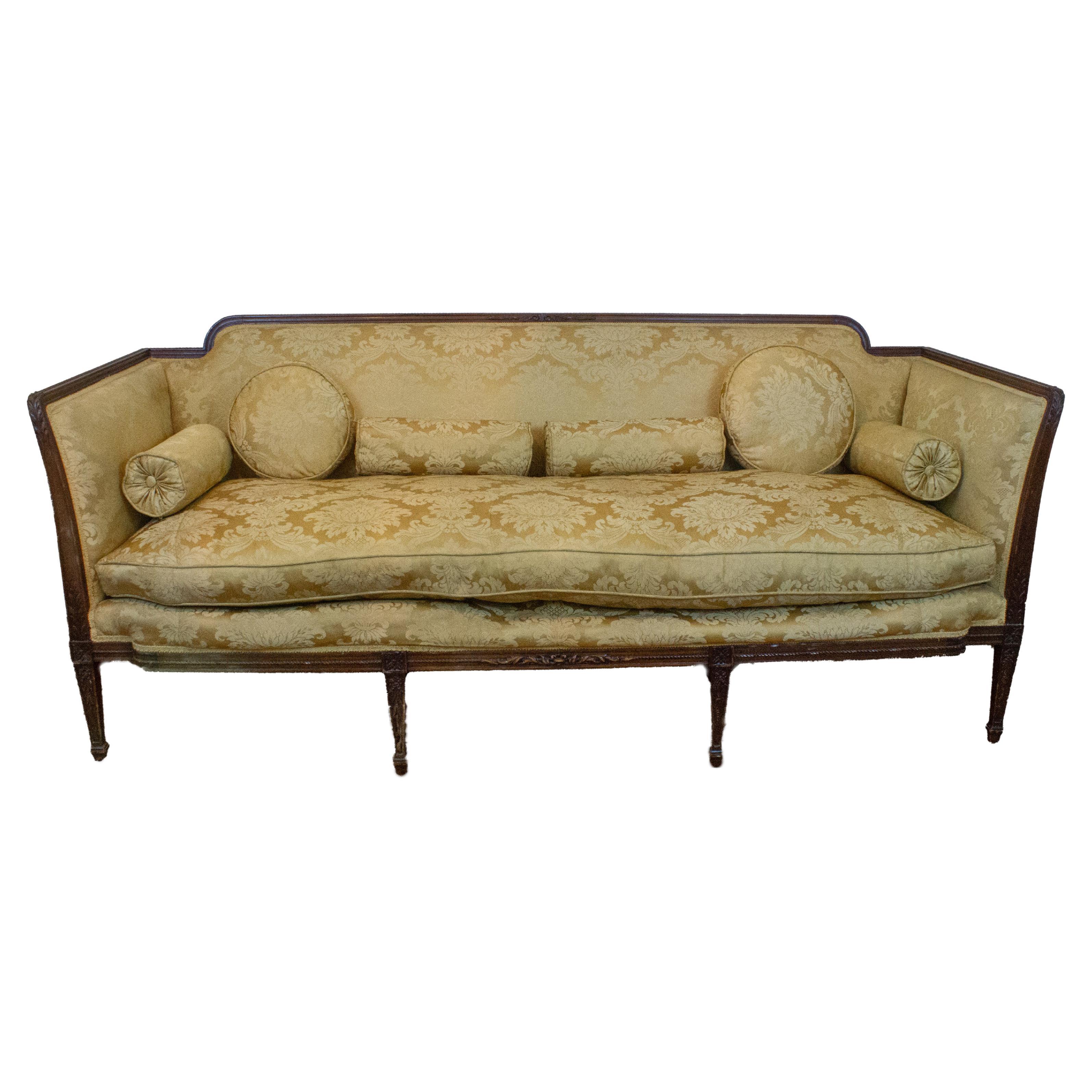 19th Century Regency Sofa with Gold Damask Upholstery and Carved Mahogany