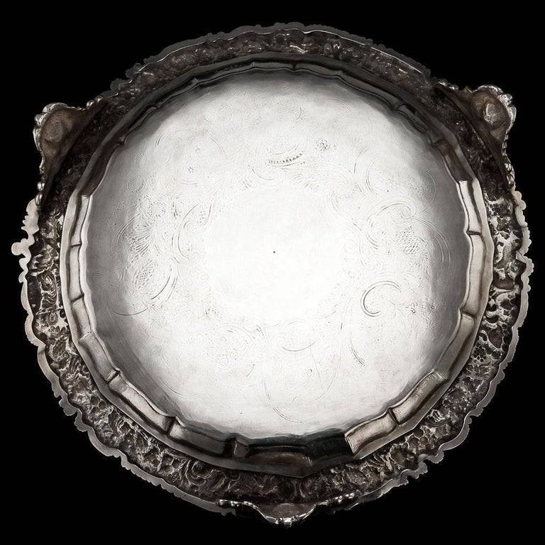 Antique 19th century rare and exceptional George IV solid silver salver tray with cast border, large size and extremely heavy gauge, of shaped-circular form with applied cast border depicting grapevine and Mythological figures, probably allegories