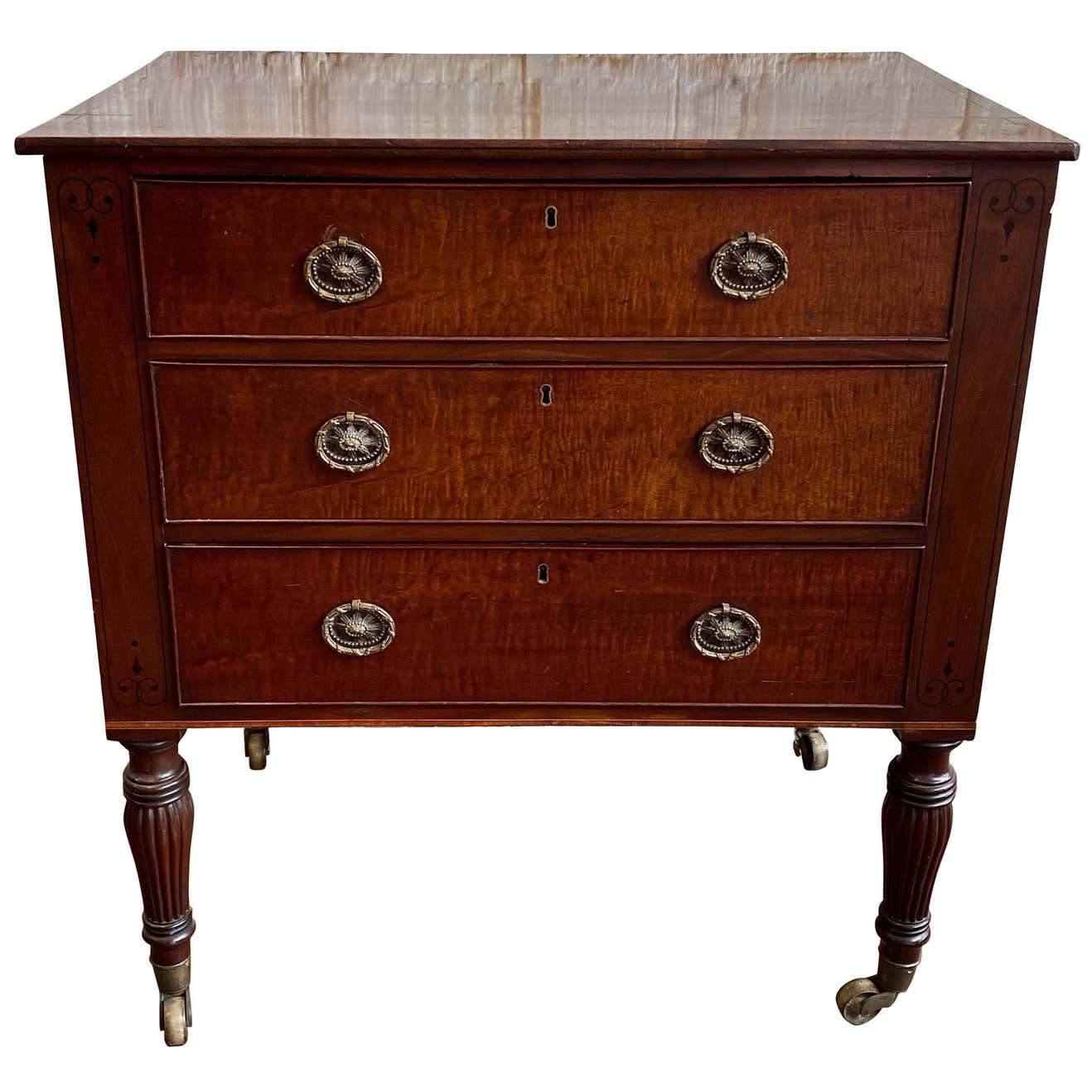 19th Century Regency Ebony Inlaid Fiddleback Mahogany 3-Drawer Chest ...