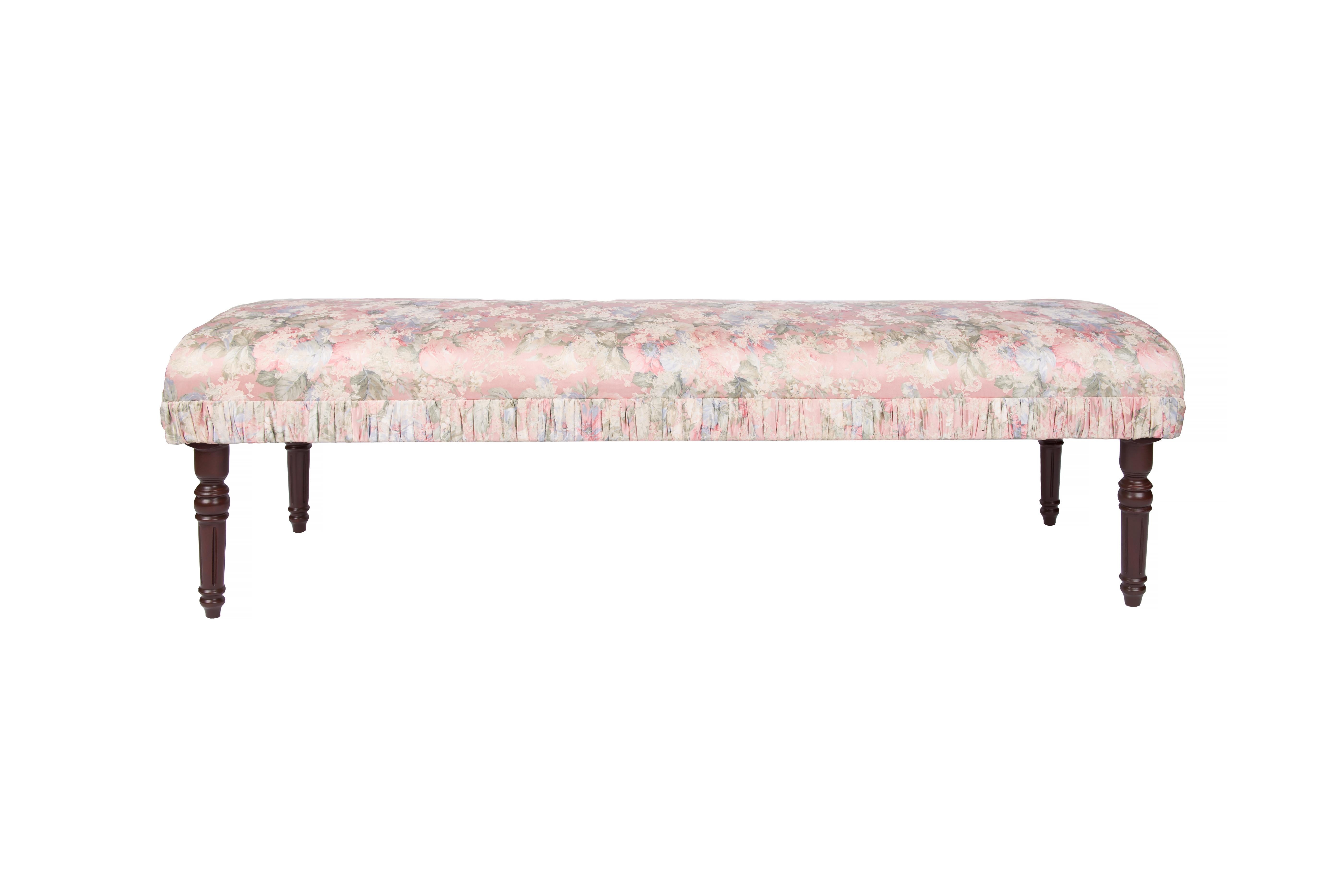 19th century Regency style bench in solid wood, the upholstery is a rose flowers motif silky fabric. Authentic condition, no damages or miss or discoloration on fabric. Origin England. It can be reupholstered if client would like so, please request