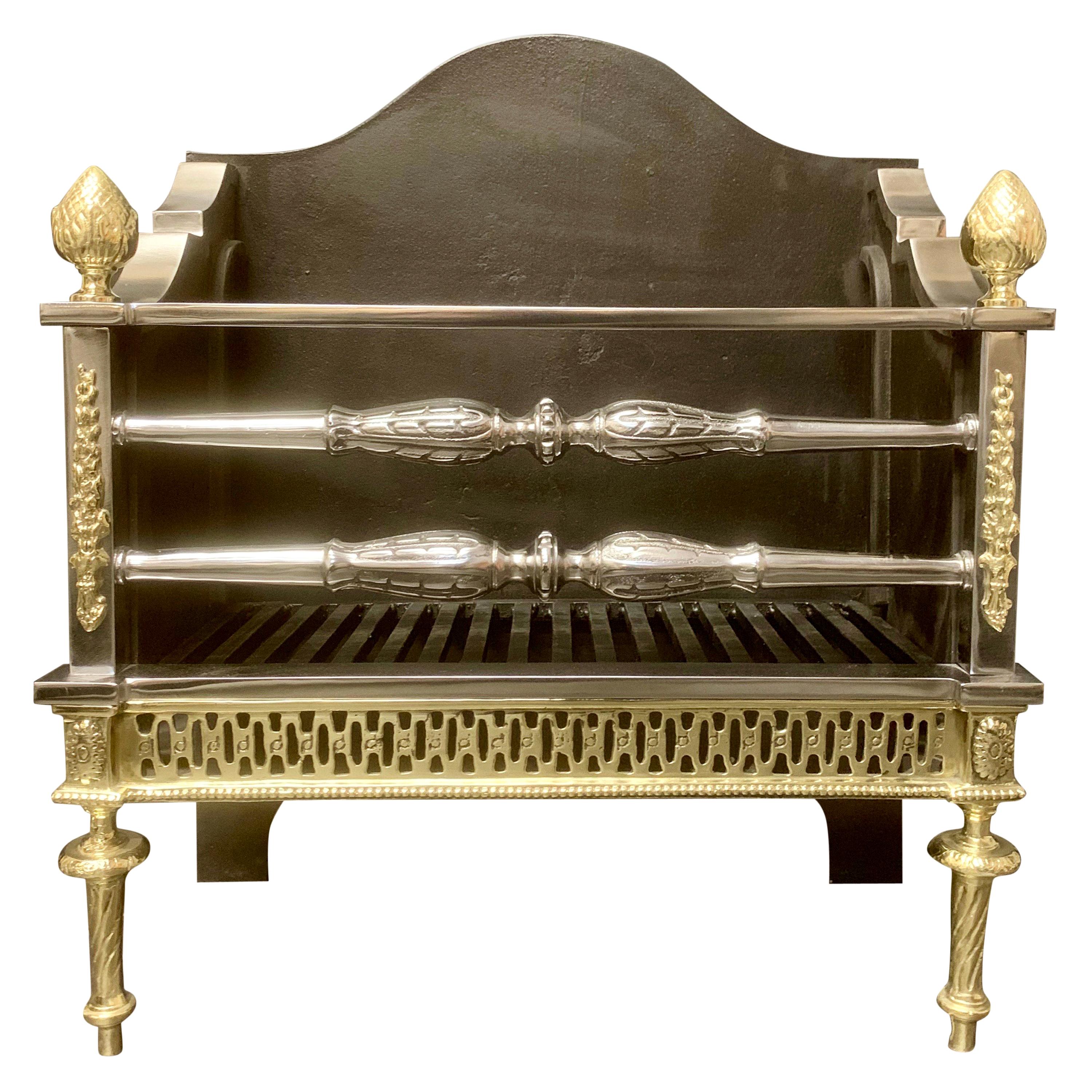 19th Century Regency Style Brass and Polished Steel Fire Grate Basket