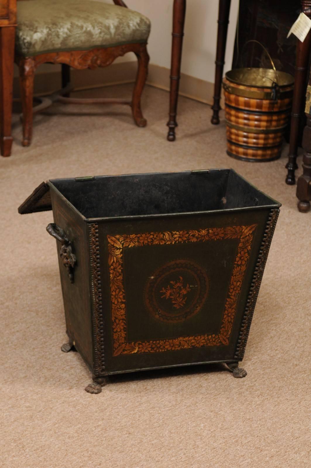 19th Century Regency Style Green Painted Coal Hod with Gilt Decoration 1
