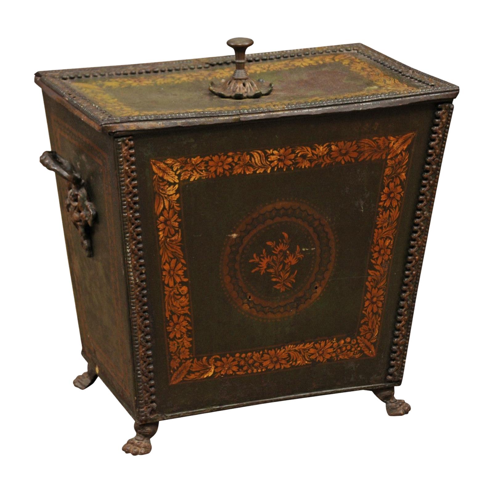19th Century Regency Style Green Painted Coal Hod with Gilt Decoration
