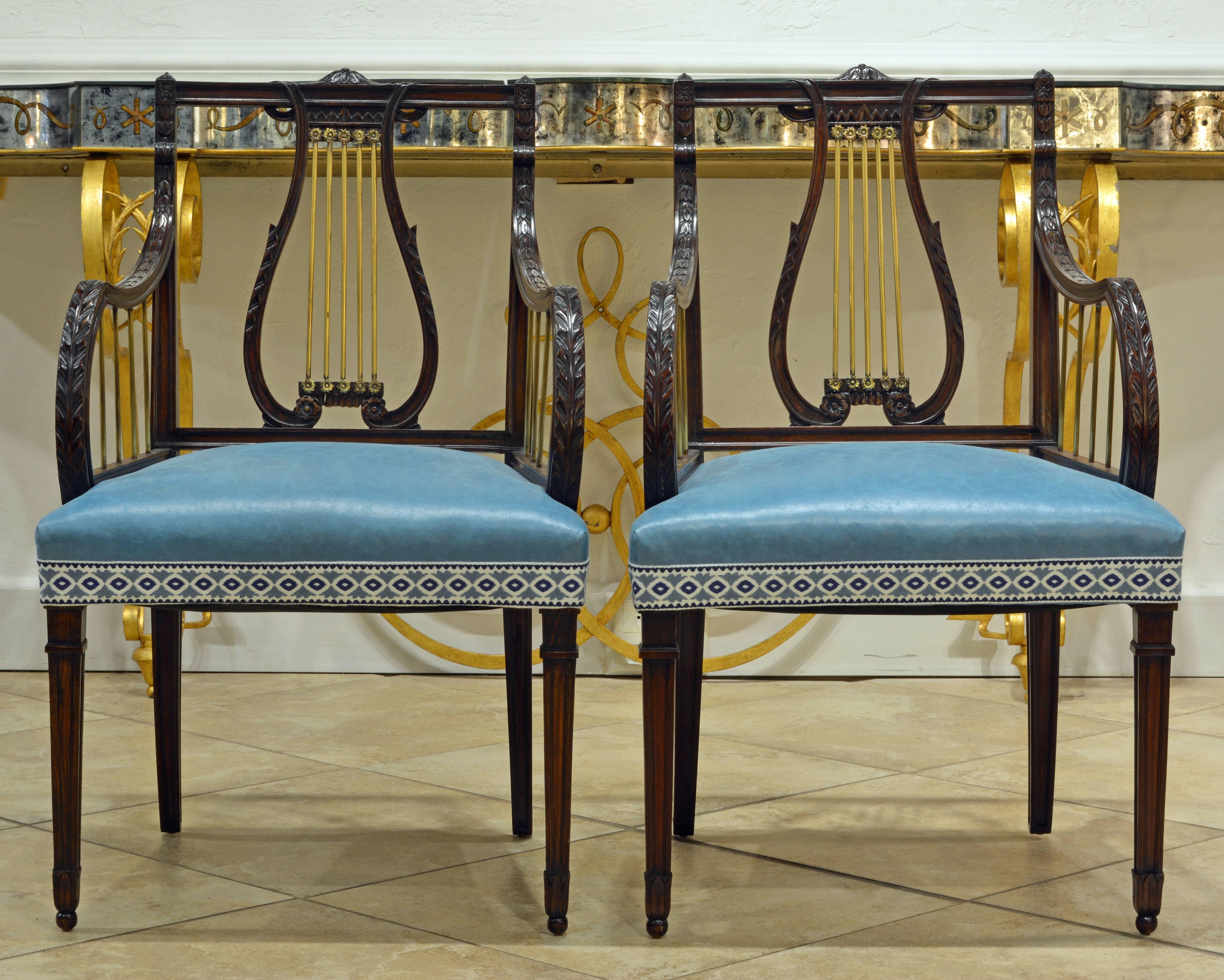 19th Century Regency Style Lyre Back Carved and Bronze Accented Armchairs, Pair In Good Condition In Ft. Lauderdale, FL