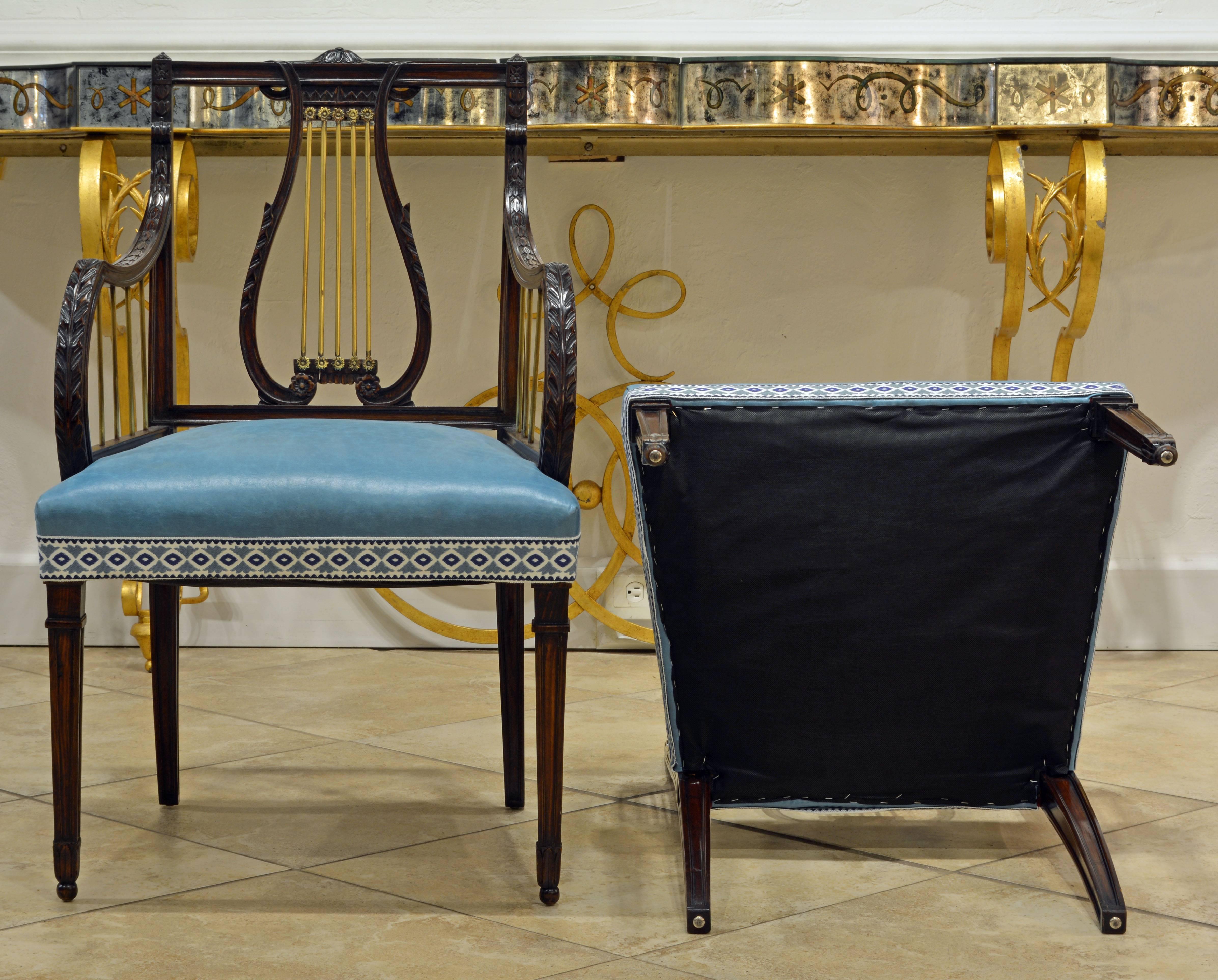 Upholstery 19th Century Regency Style Lyre Back Carved and Bronze Accented Armchairs, Pair