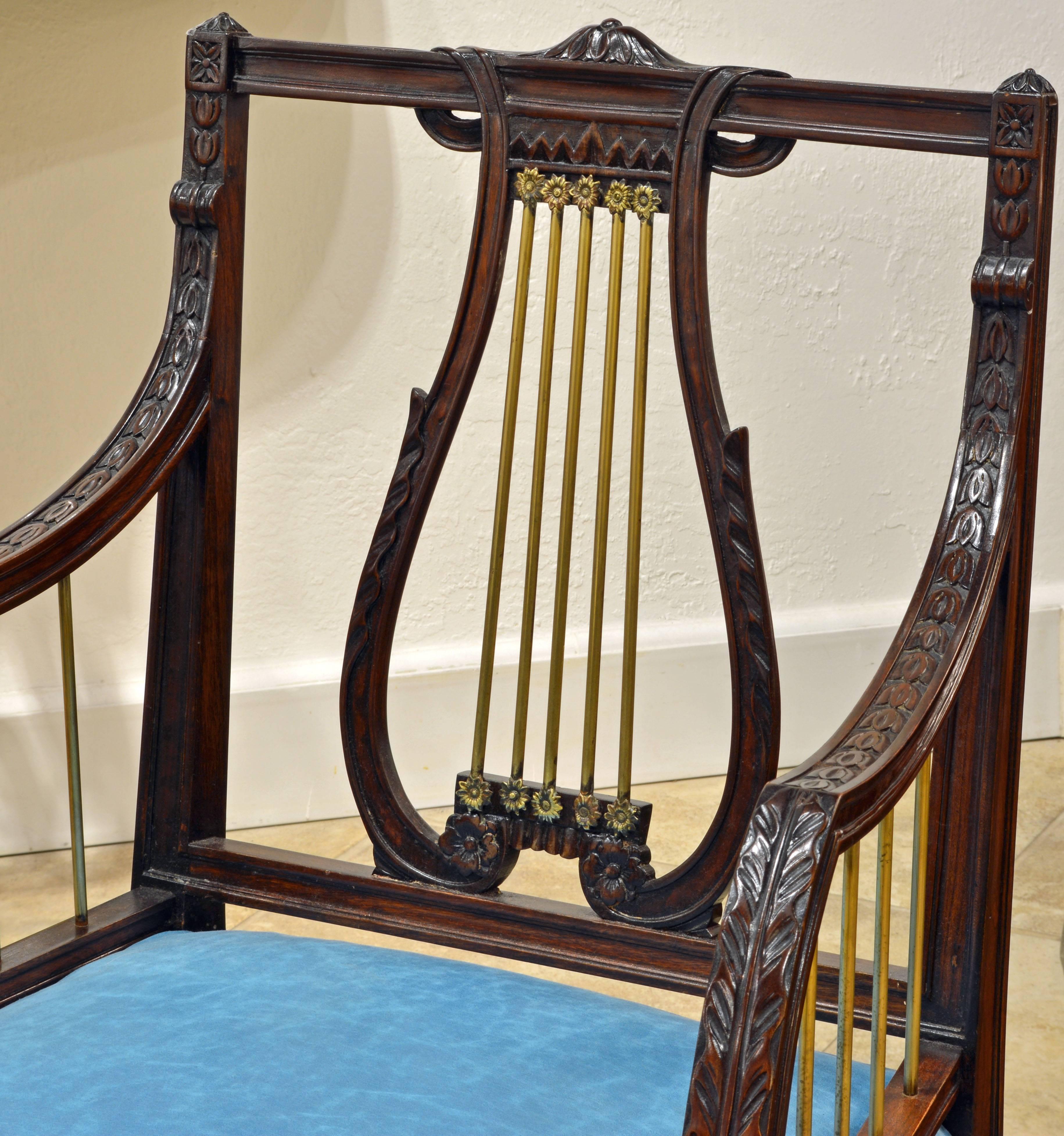 19th Century Regency Style Lyre Back Carved and Bronze Accented Armchairs, Pair 1