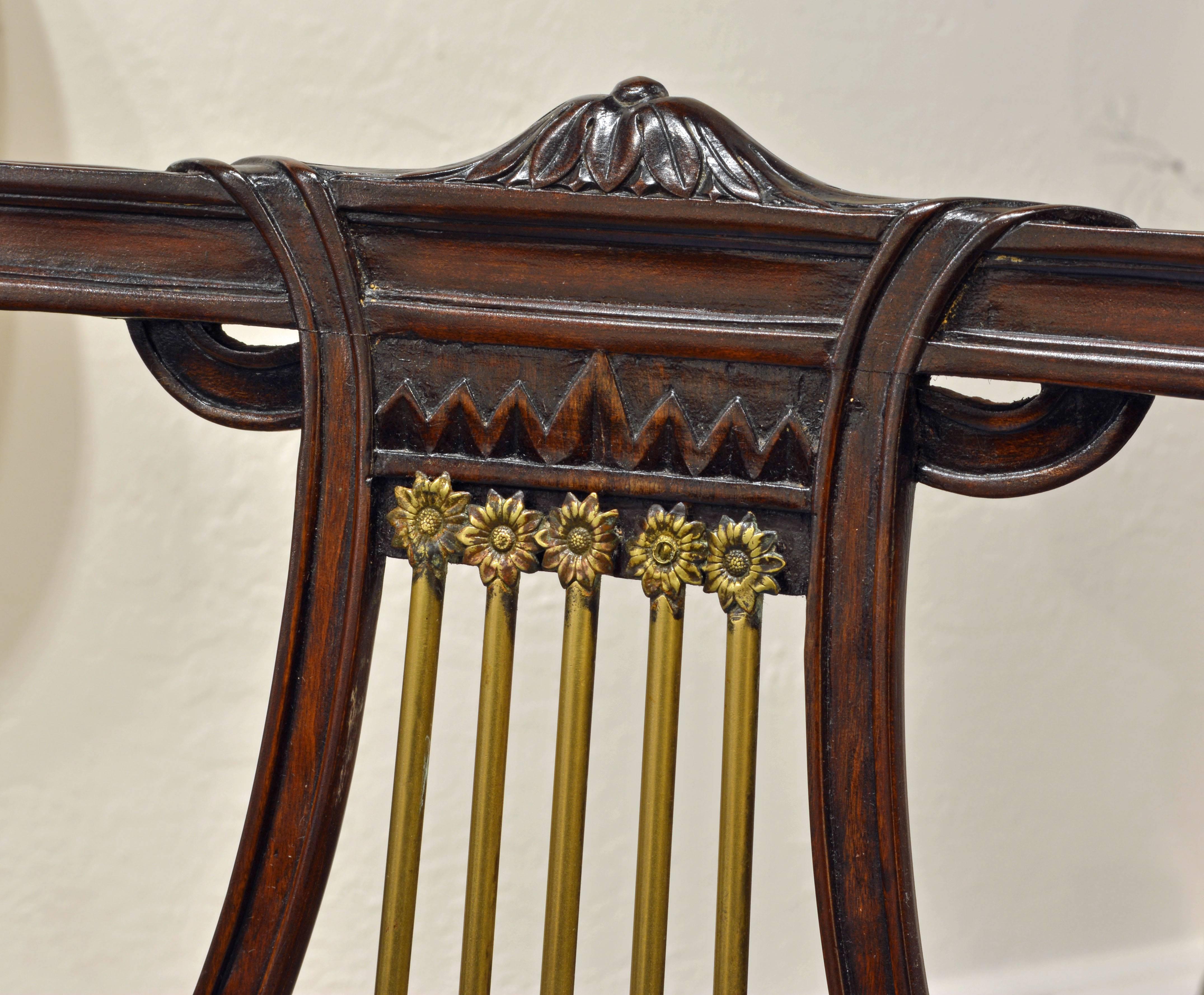 19th Century Regency Style Lyre Back Carved and Bronze Accented Armchairs, Pair 2