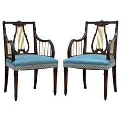 19th Century Regency Style Lyre Back Carved and Bronze Accented Armchairs, Pair
