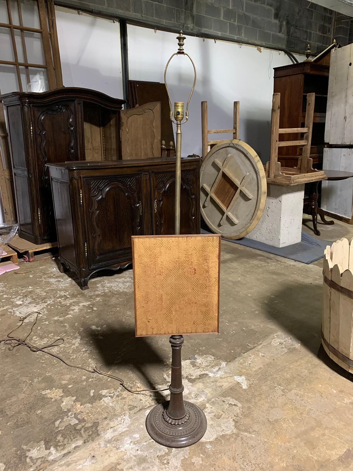 19th century Regency style metal fire pole with fabric screen as floor lamp
height listed is without the harp
French wired.