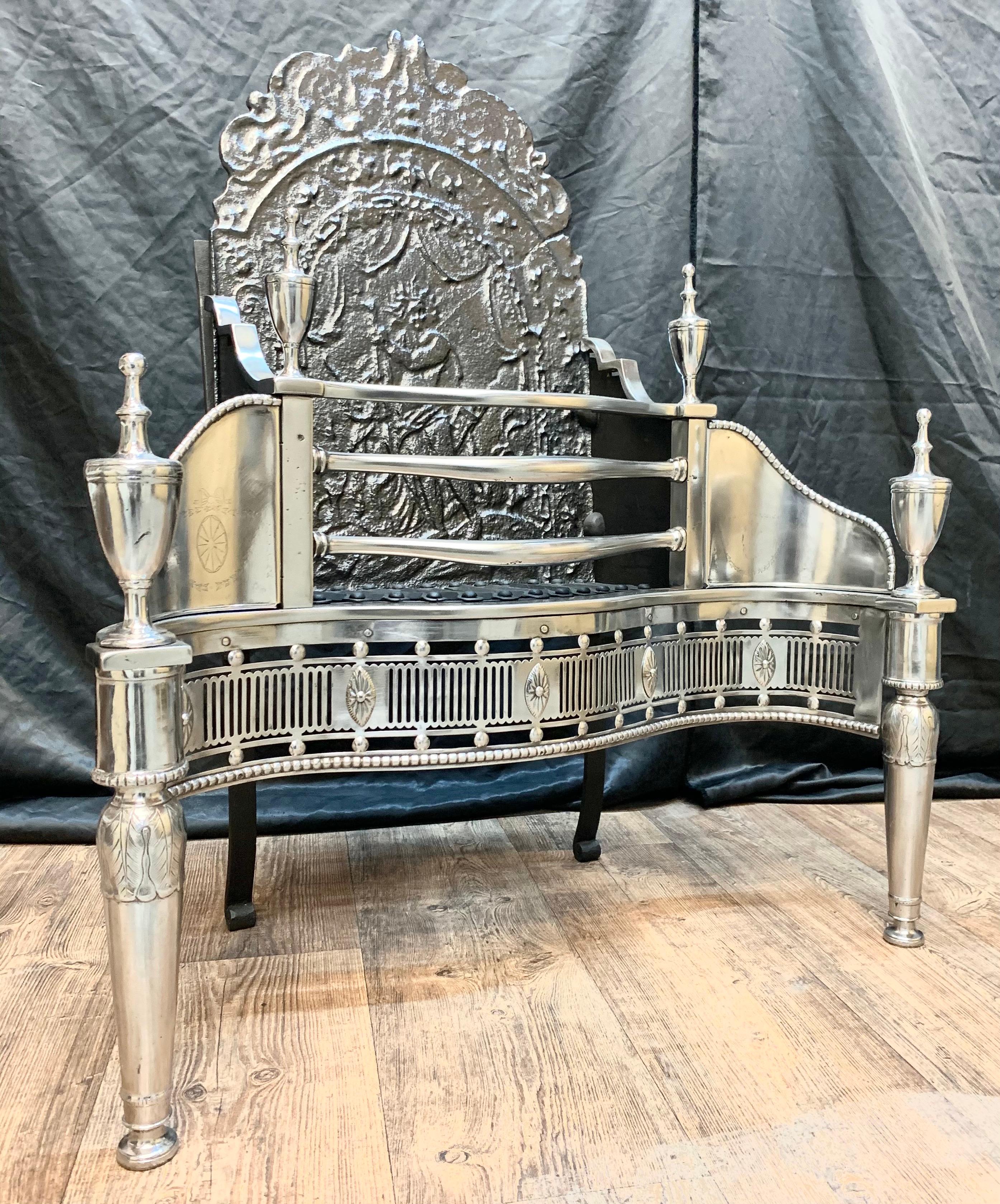 English 19th Century Regency Style Polished Steel Fire Grate Basket For Sale