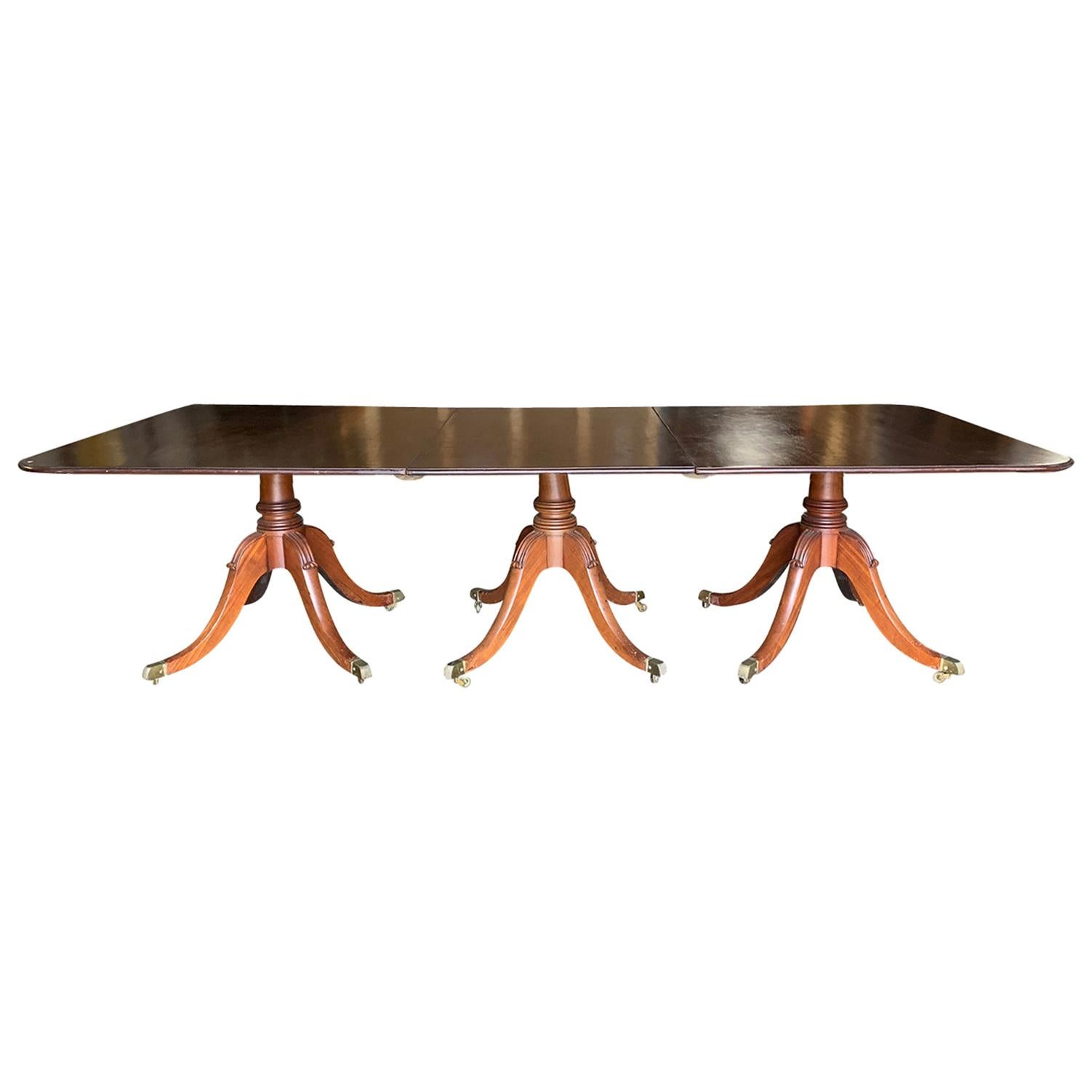 19th Century Regency Style Triple Pedestal Dining Table with Three Leaves