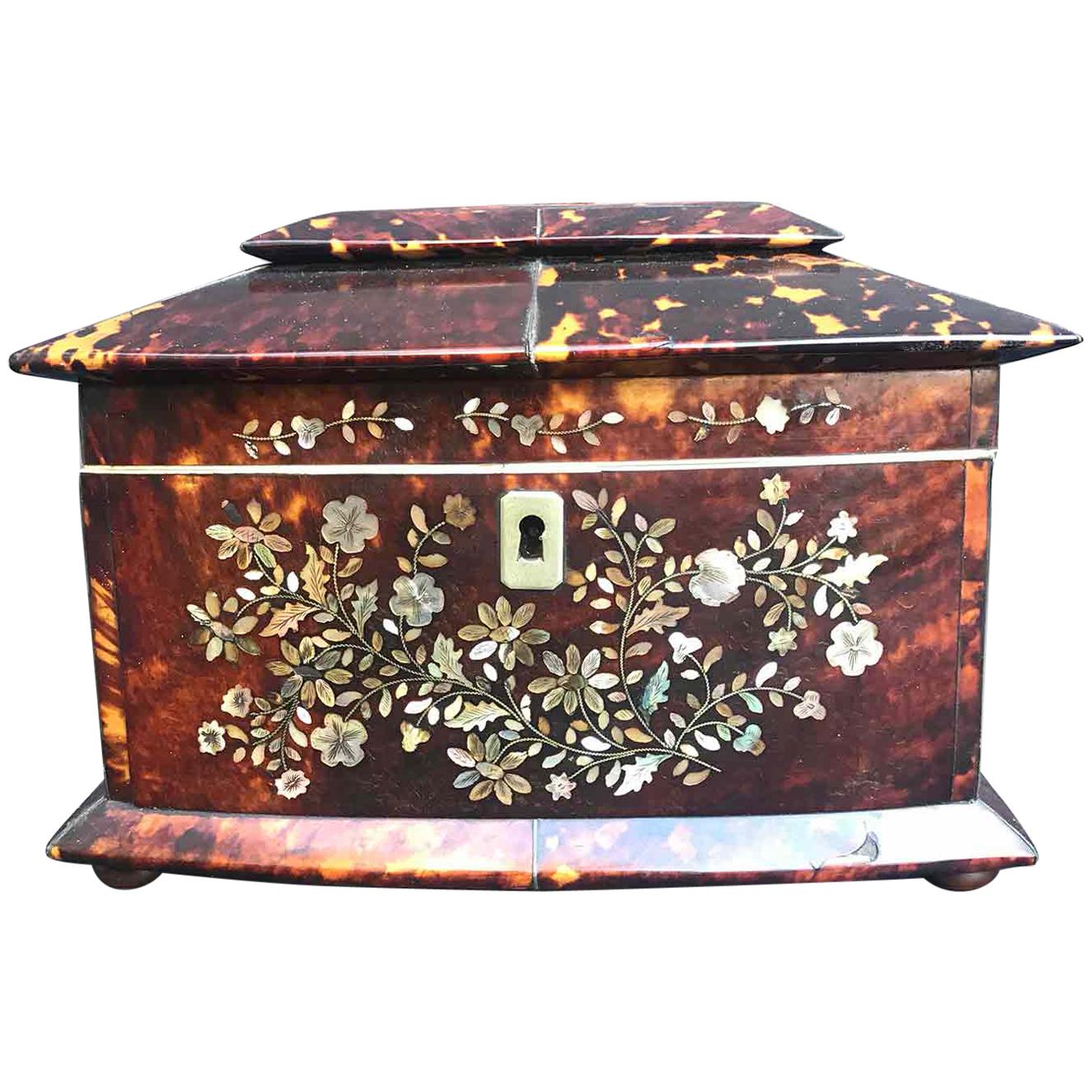 Laminated 19th Century Regency Tea Caddy Tortoishell and Mother of Pearl English Box