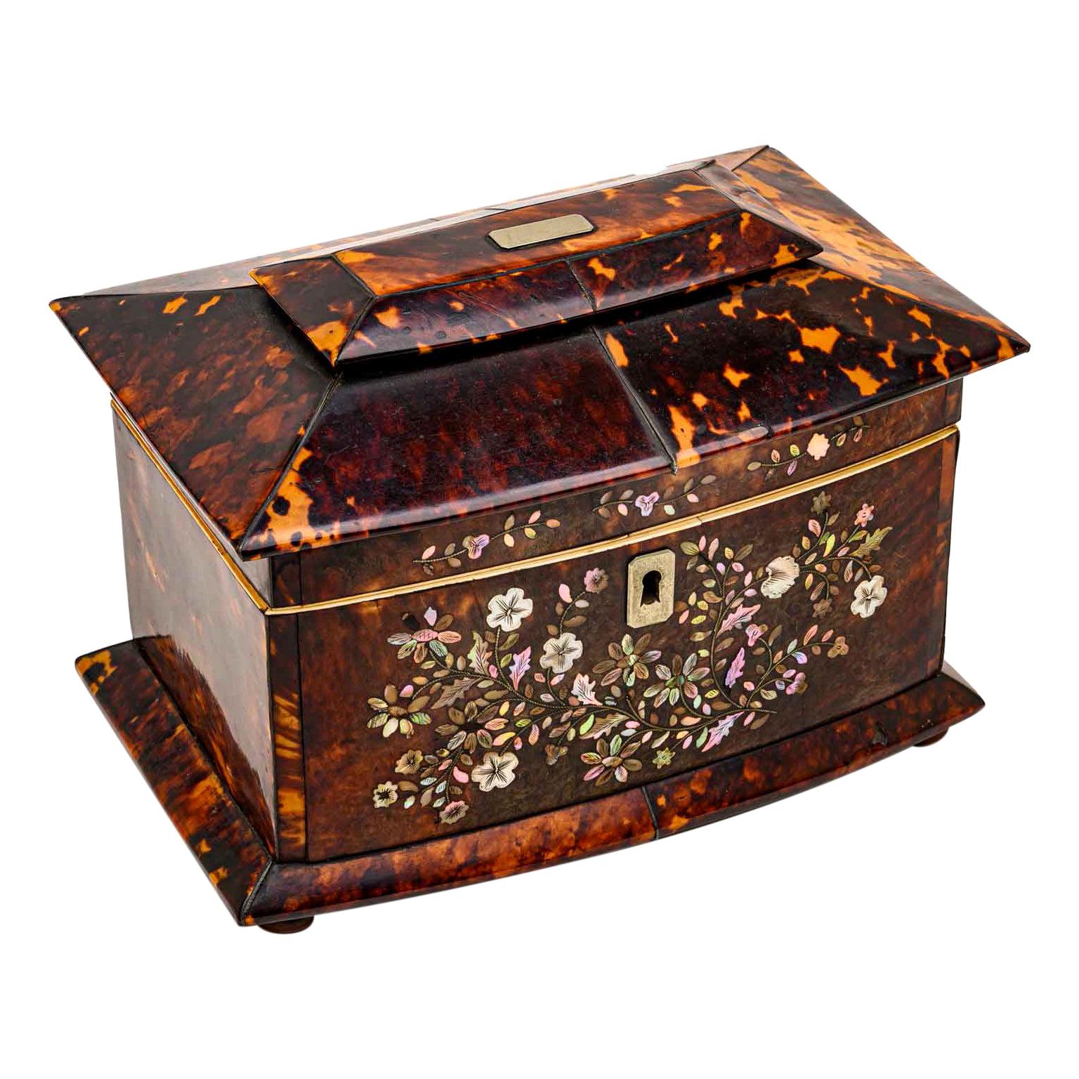 19th Century Regency Tea Caddy Tortoishell and Mother of Pearl English Box