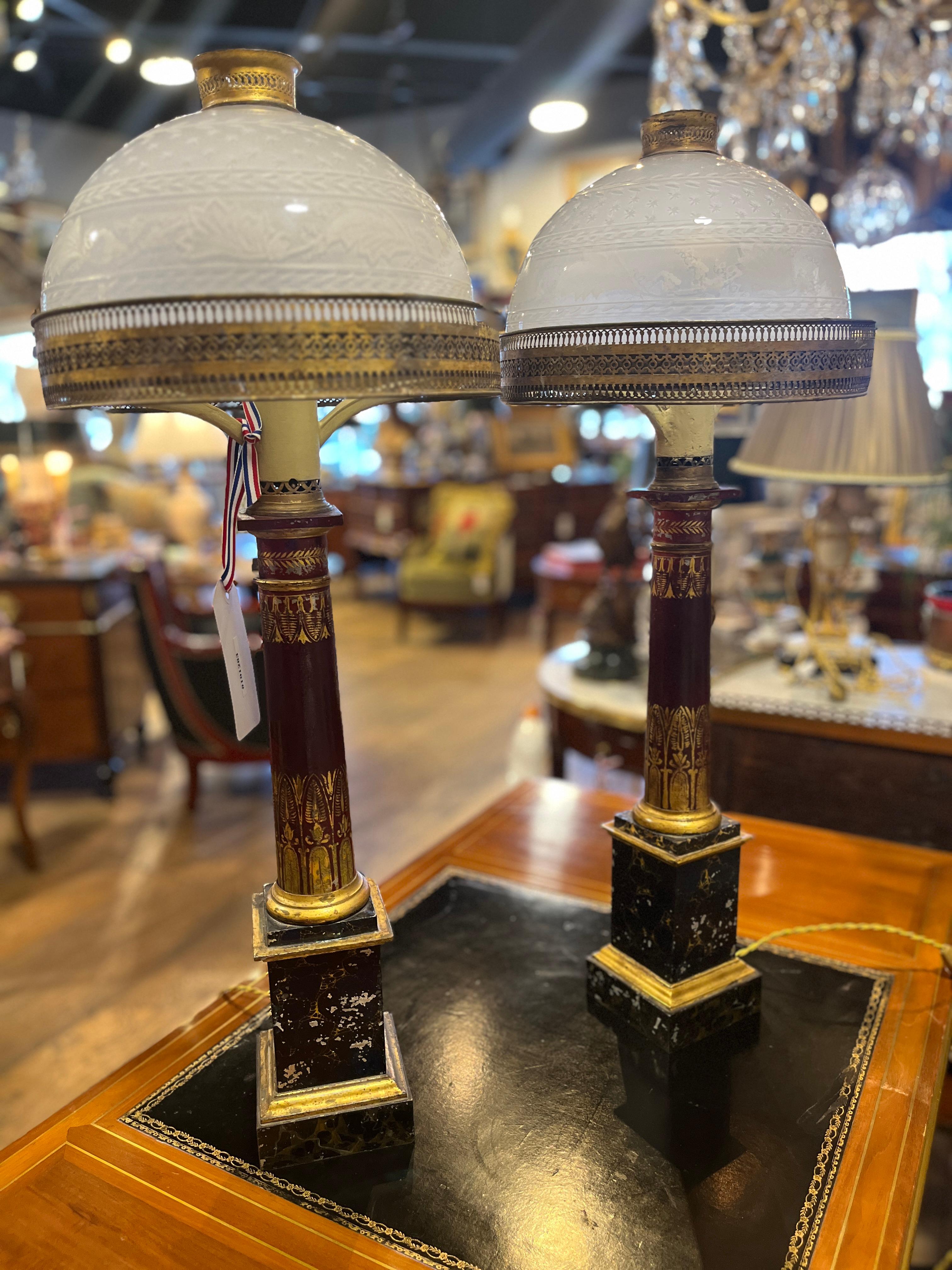 19th Century Regency Tole Oil Lamps Converted to Electric For Sale 3