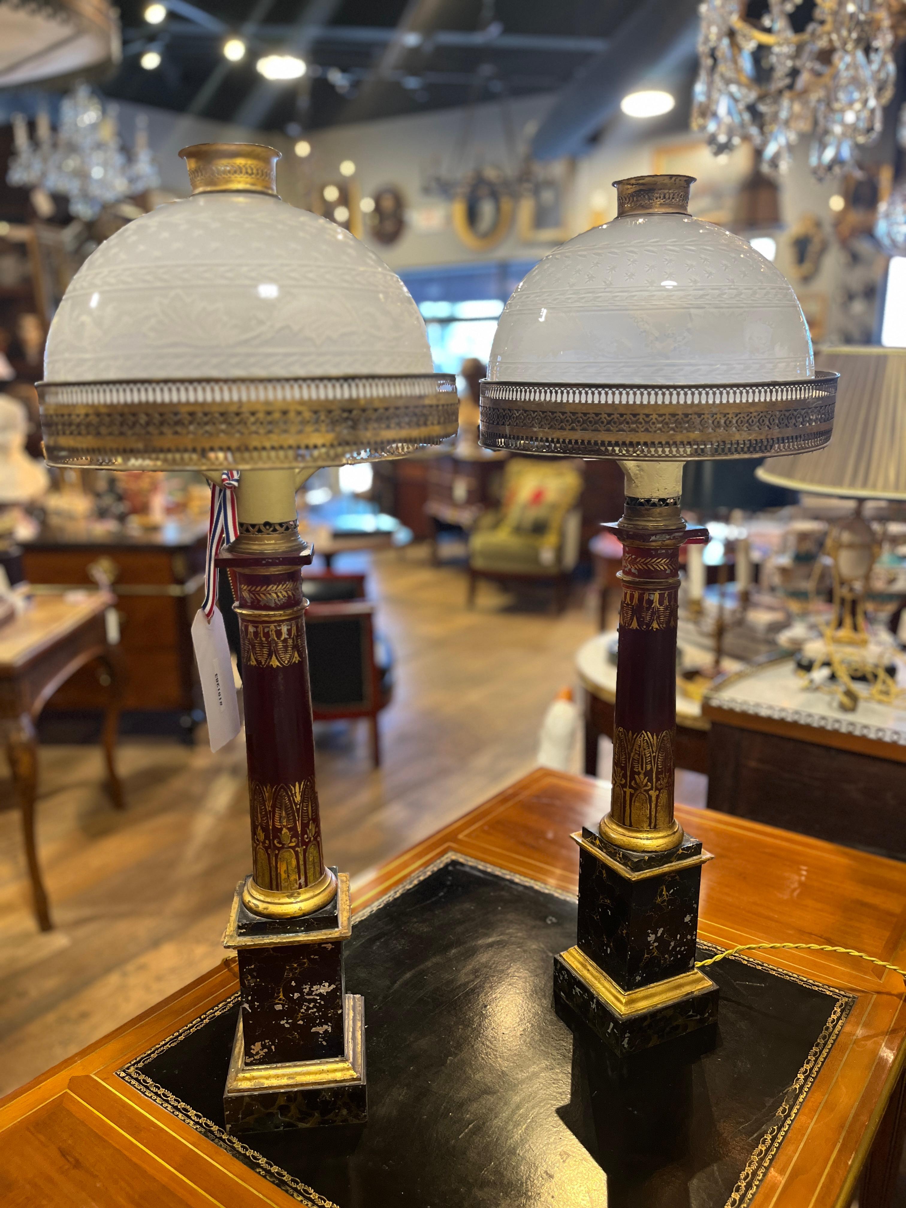 19th Century Regency Tole Oil Lamps Converted to Electric For Sale 4