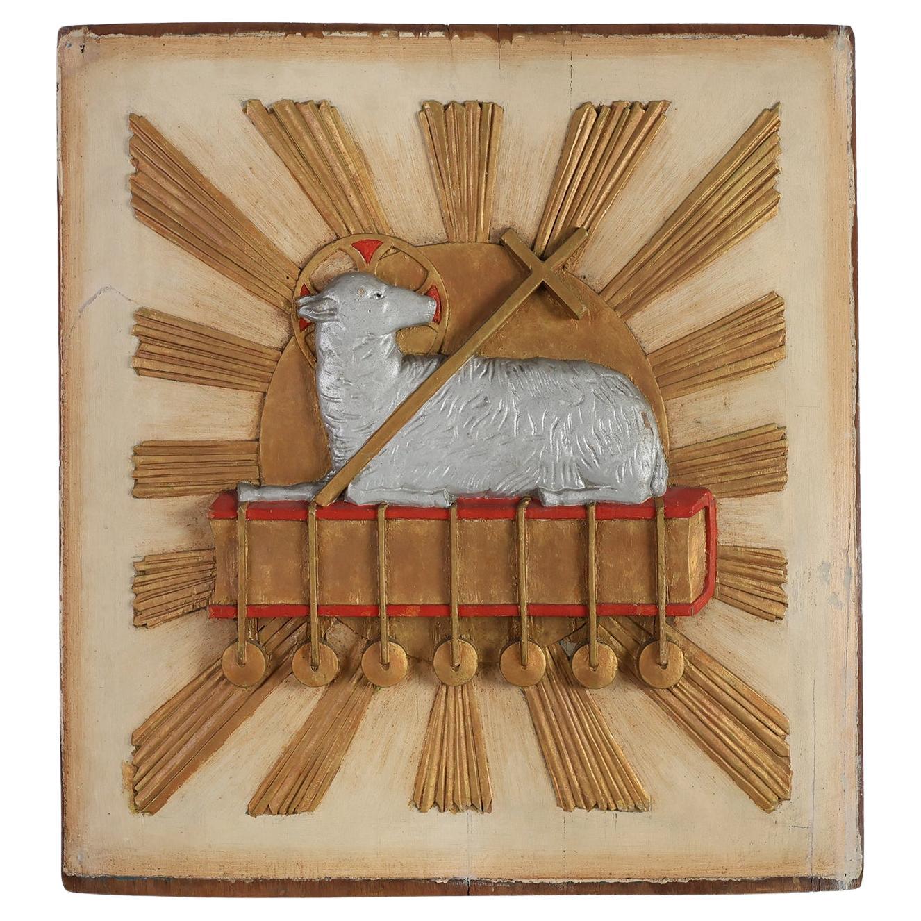 19th Century Religious Carved Wooden Agnus Dei Panel, France