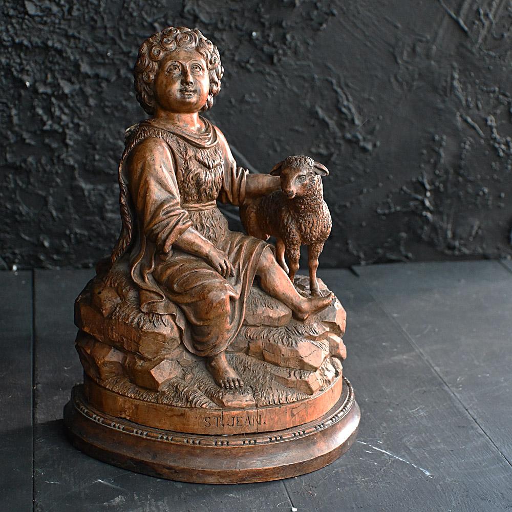 19th Century Religious Hand Carved Walnut Figure of St Jean
An exceptionally well carved late 19th Century figure of St Jean (John the Baptish) with lamb, dated 1889 and carved by A. Niederberger. Made from one piece of walnut mounted onto an