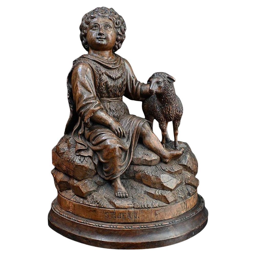 19th Century Religious Hand Carved Walnut Figure of St Jean For Sale