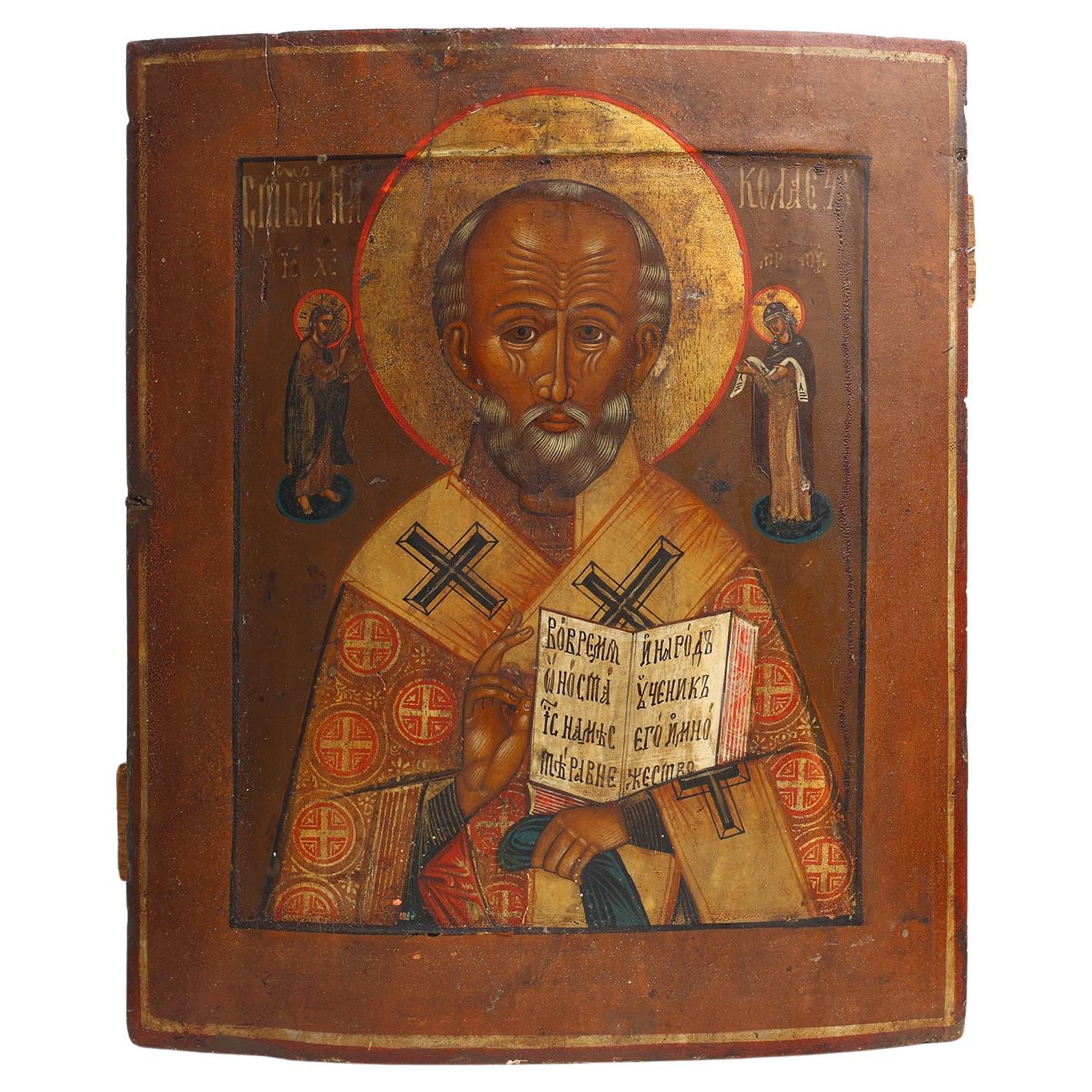 Icône religieuse russe du 19e siècle représentant Saint Nicolas le faiseur de merveilles