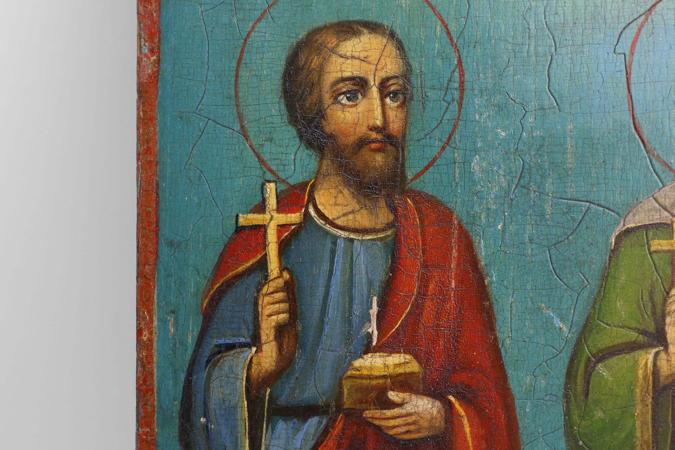 Dipinto a mano Icone religiose russe del XIX secolo raffiguranti i santi patroni del Santo Matrimonio in vendita