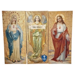 19th Century Religious Triptych Oil Paintings on Cloth, 80x184 cm