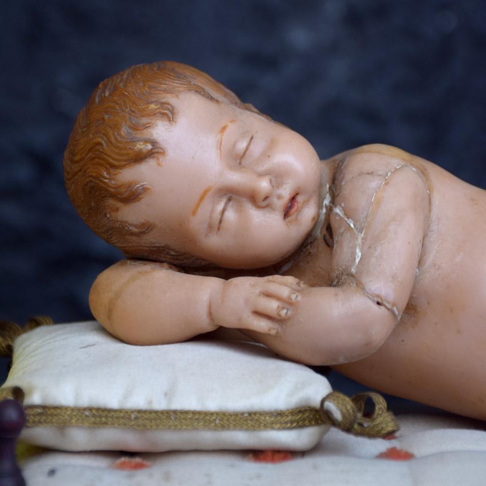 Wood 19th Century Reliquary Wax Figure of Baby Jesus 