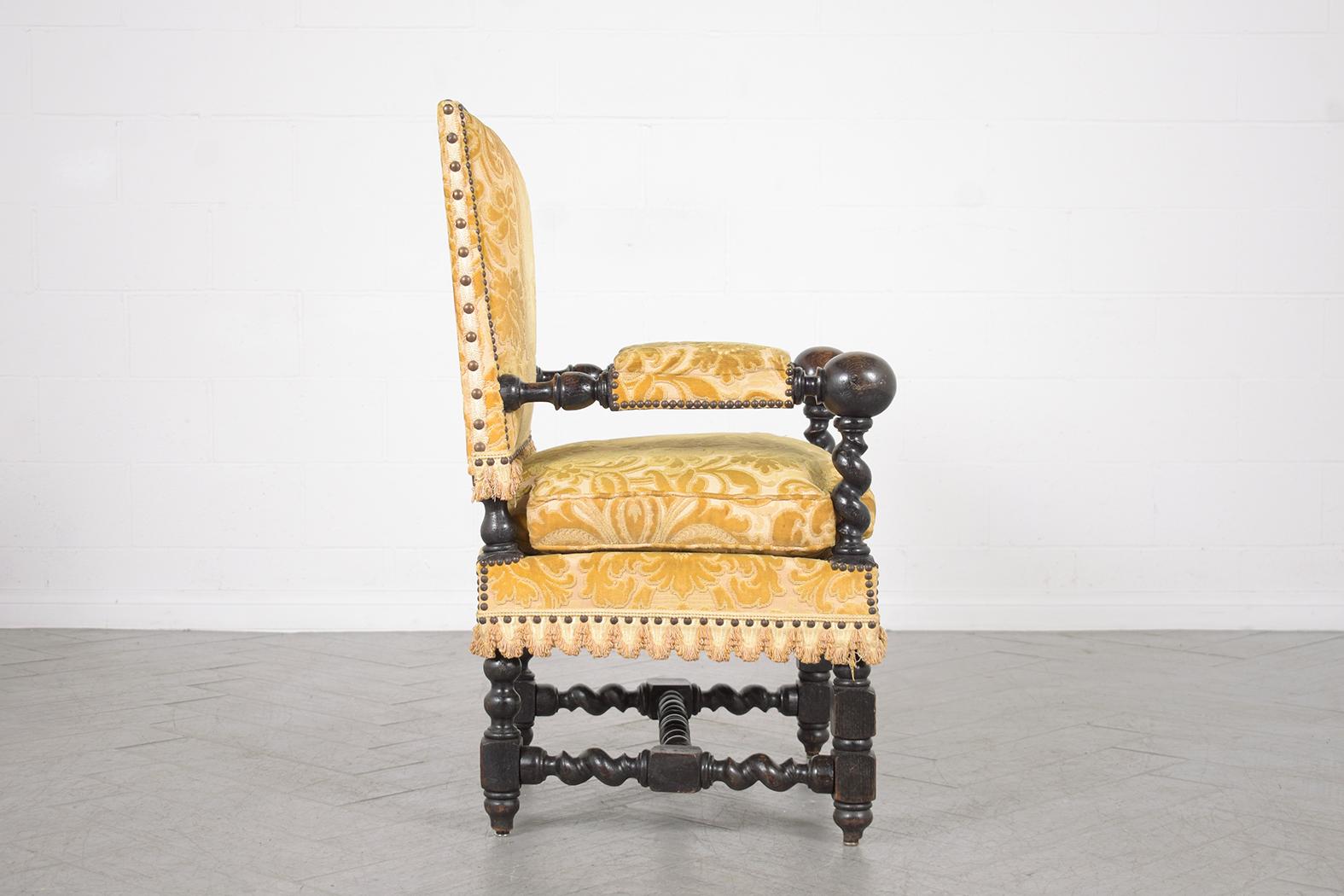 19th Century French Oak Armchair: Dark Walnut Patina Finish & Floral Upholstery For Sale 1