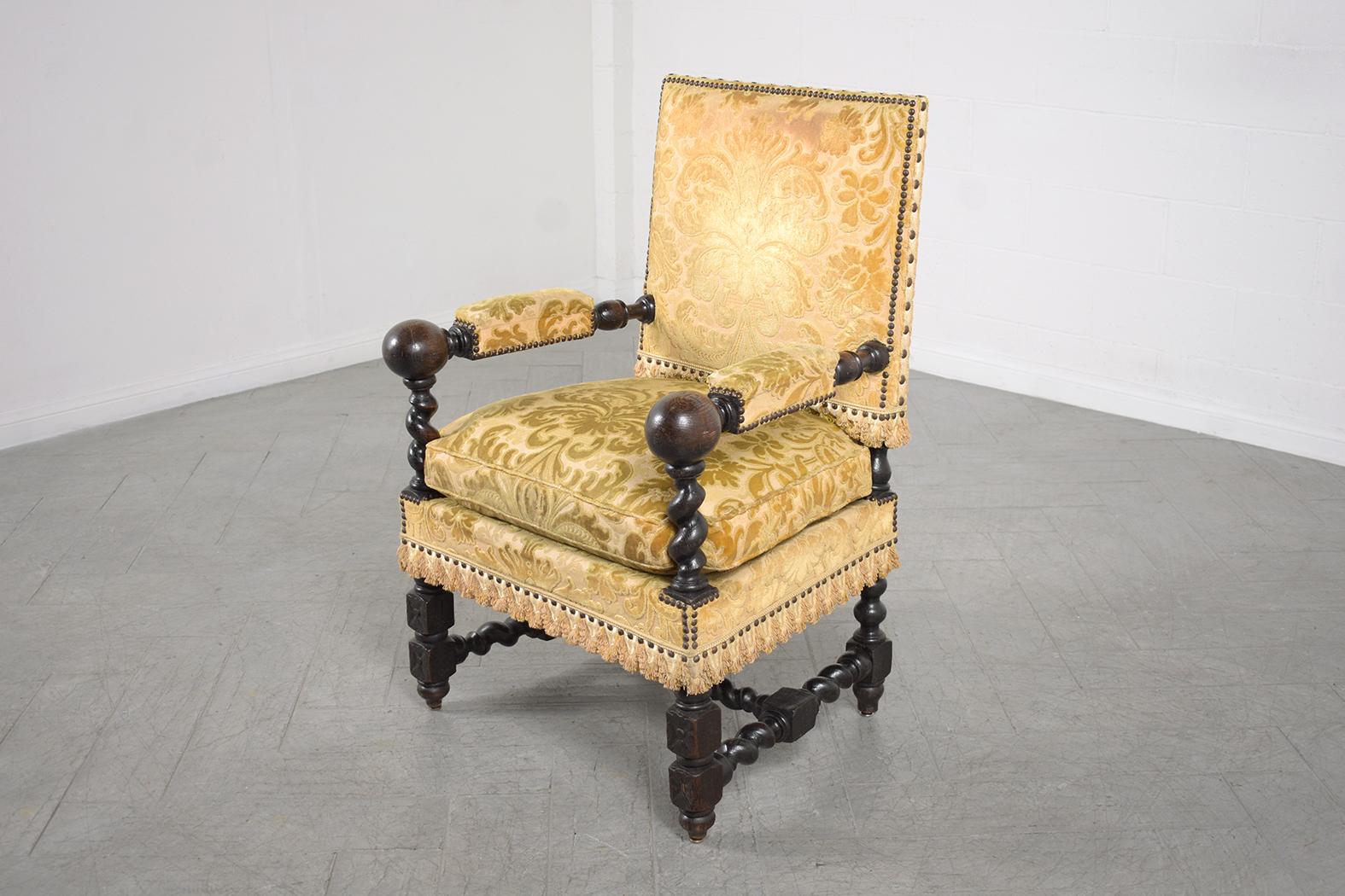 19th Century French Oak Armchair: Dark Walnut Patina Finish & Floral Upholstery In Good Condition For Sale In Los Angeles, CA