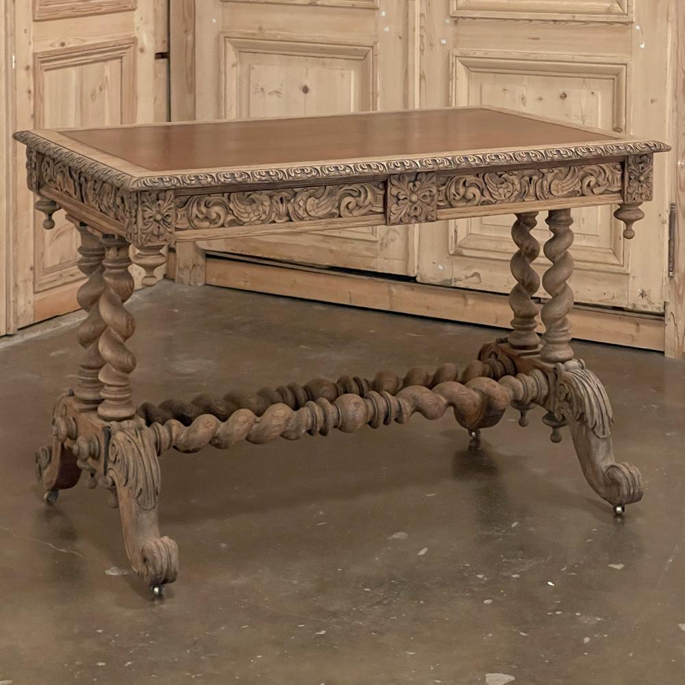 Napoleon III 19th Century Renaissance Barley Twist Stripped Oak Desk For Sale