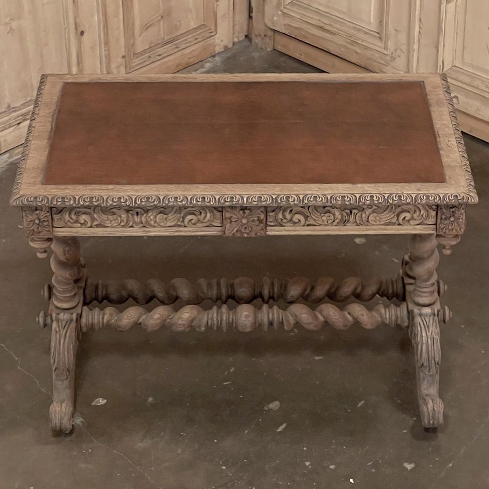 Hand-Carved 19th Century Renaissance Barley Twist Stripped Oak Desk For Sale
