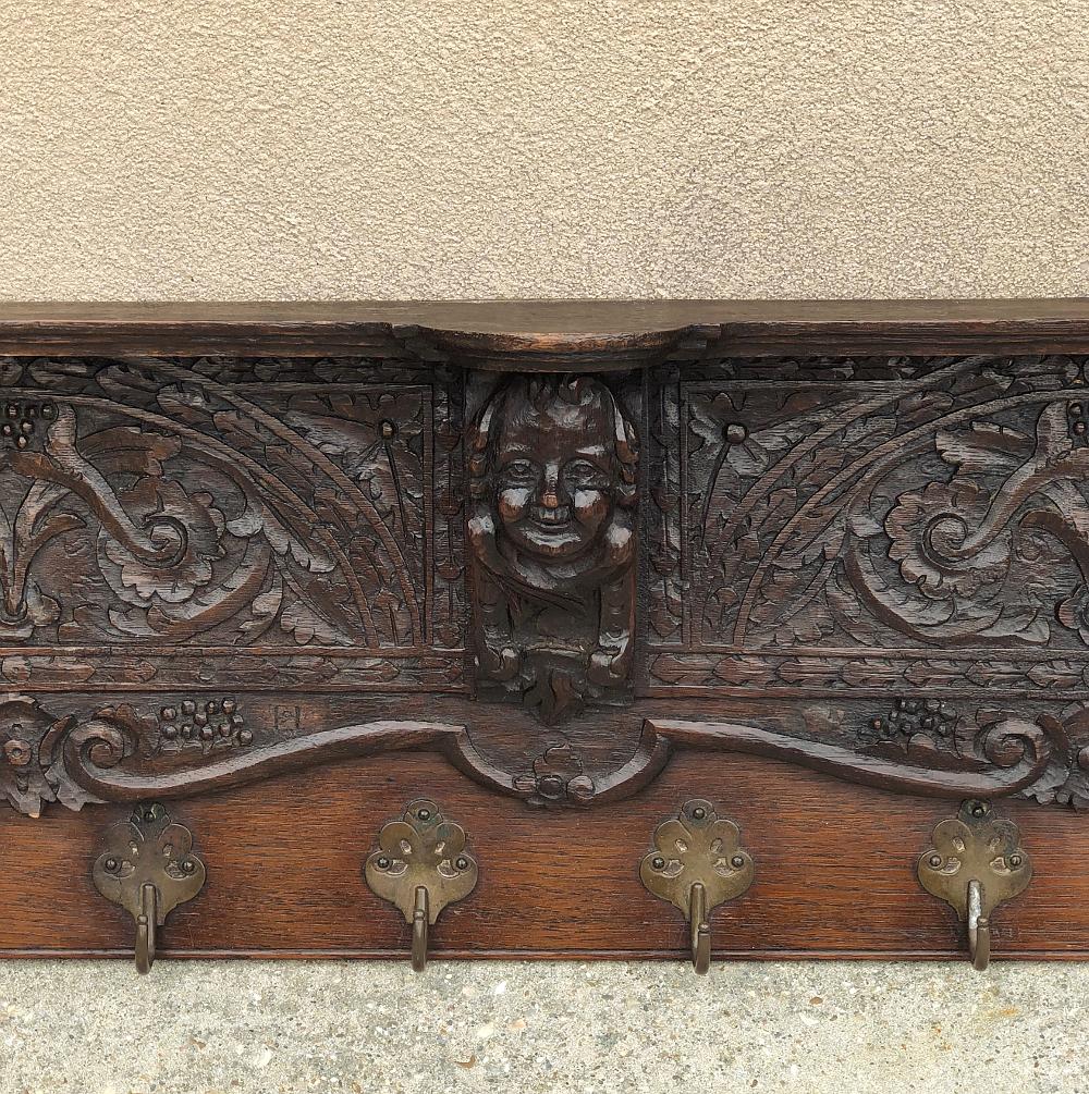 French 19th Century Renaissance Carved Oak Hat, Coat Rack