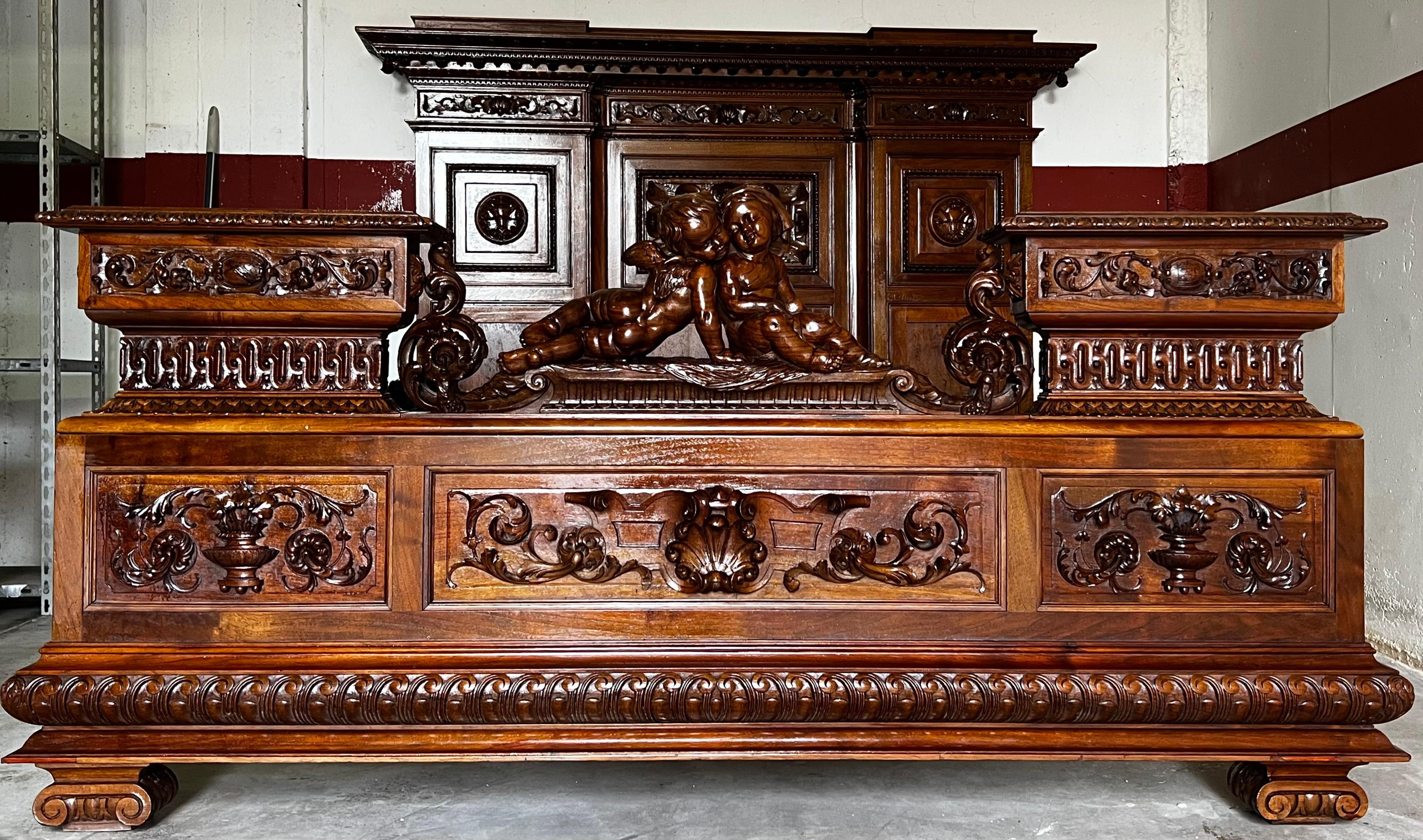 Baroque 19th Century Renaissance Carved Walnut Bed Attr Luigi Frulini