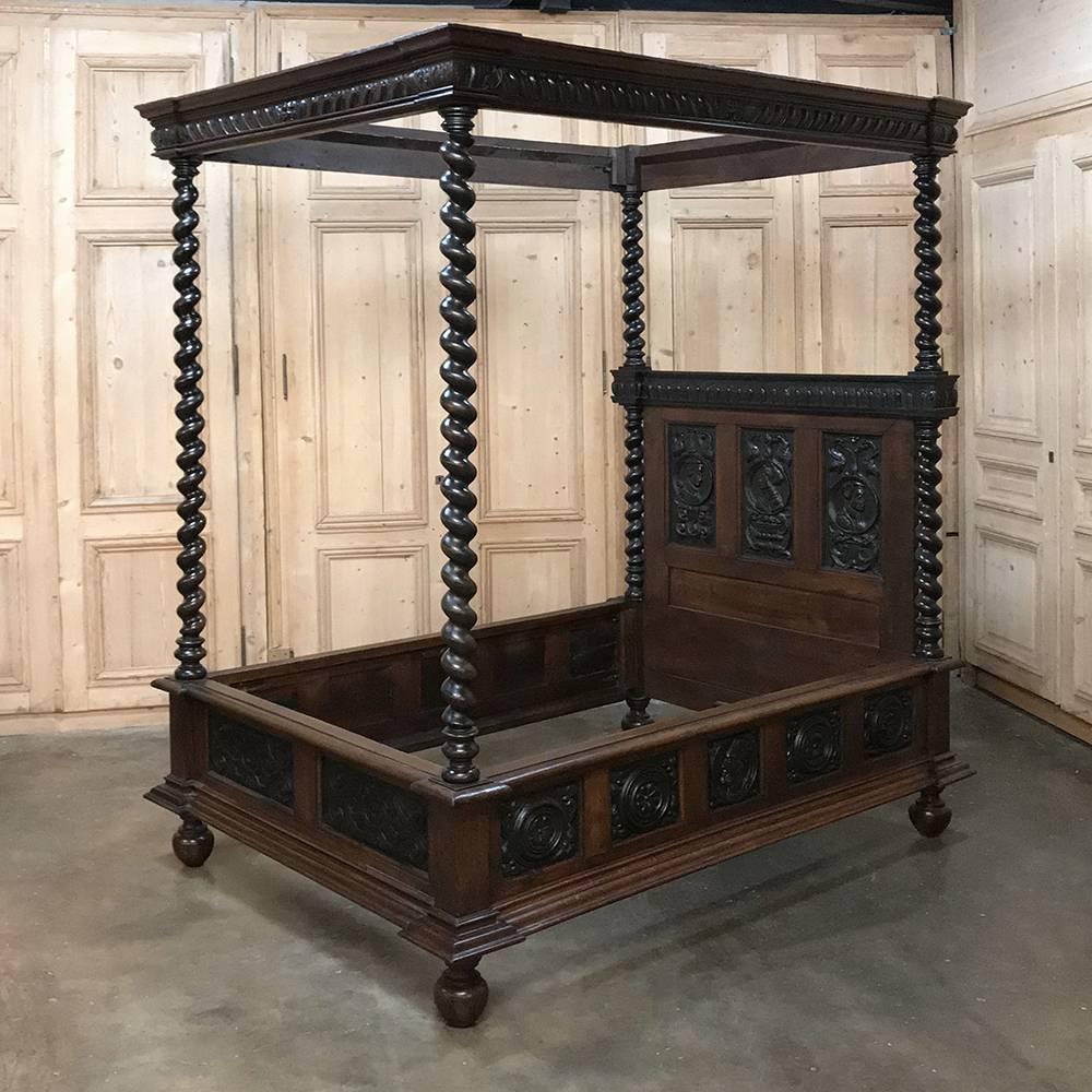 19th Century French Renaissance Four Poster Hand Carved Oak Canopy Bed 1